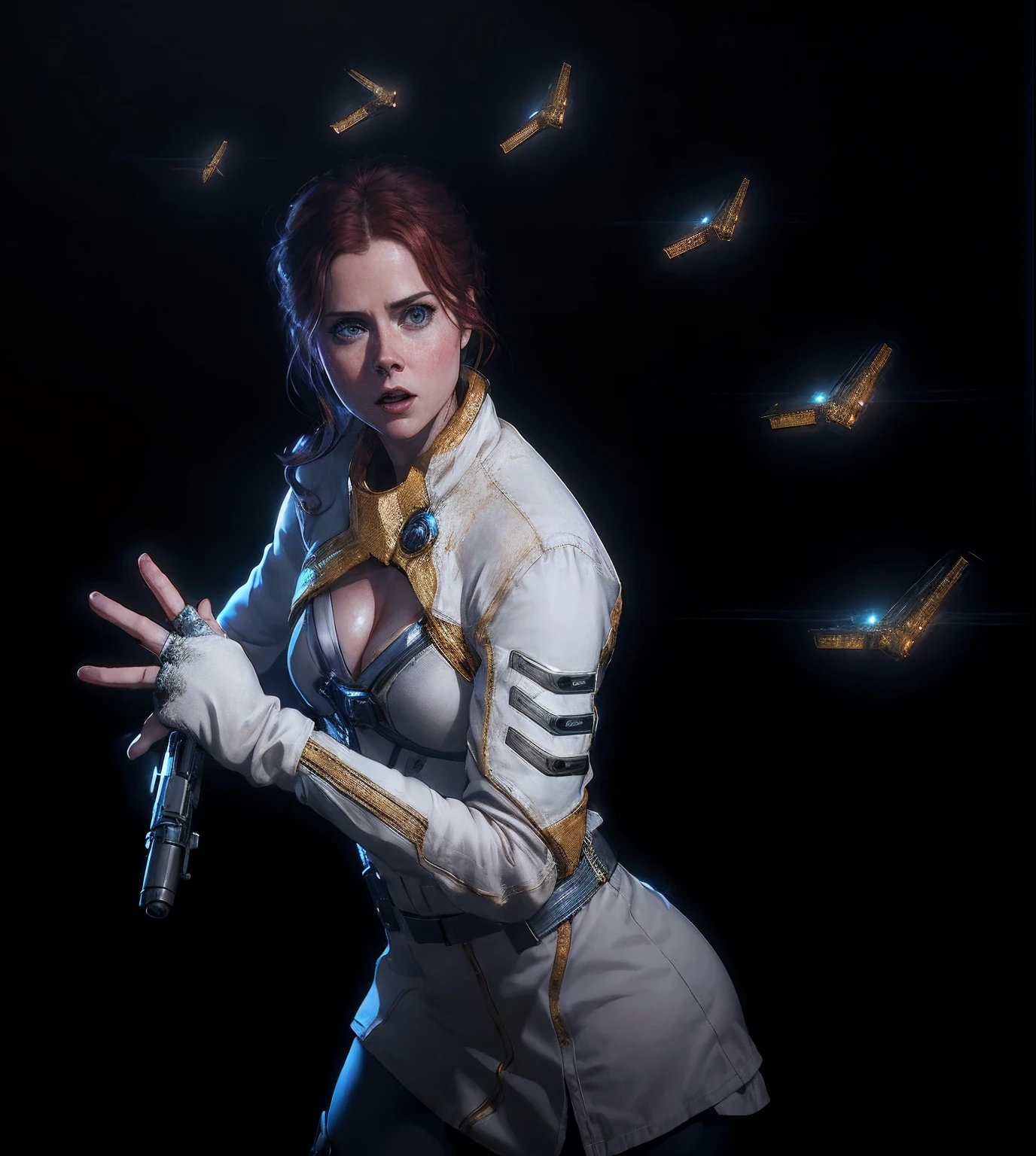 Hot terrified Amy Adams holding a sci fi blaster on Ishimura Horror Space Ship photography, natural light, photorealism, cinematic rendering, ray tracing, the highest quality, the highest detail, Cinematic, Third-Person View, Blur Effect, Long Exposure, 8K, Ultra-HD, Natural Lighting, Moody Lighting, Cinematic Lighting