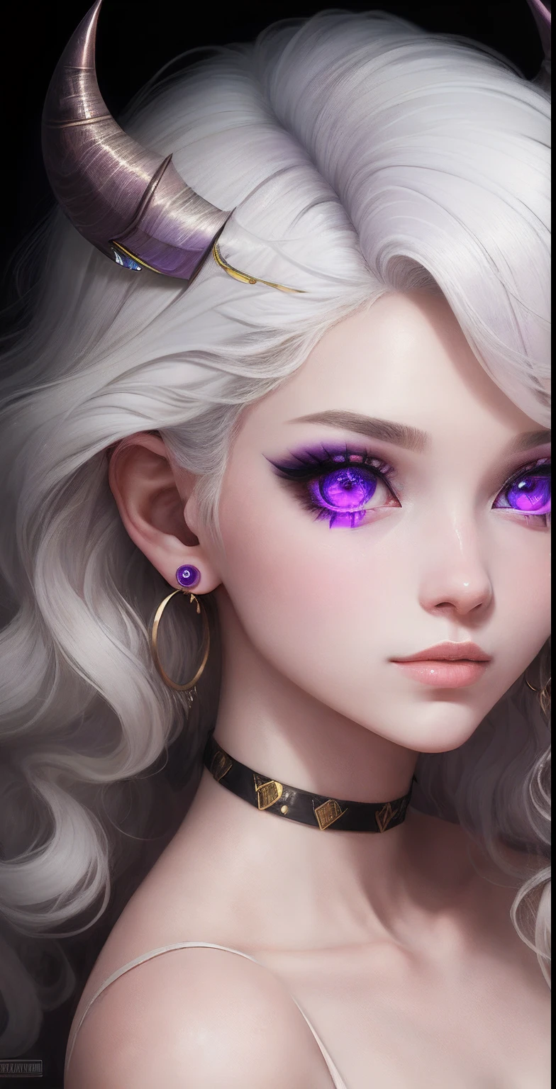 Half-, 20years old, white colored hair, curly hair, The Devil's Purple Eyes, earings, makeup, Shy, surrealism, Futurism, sparkle, optical illusion, From directly above, wide-angle, Masterpiece, anatomically correct, super detaill, High Details, hiquality, Best Quality, 4k