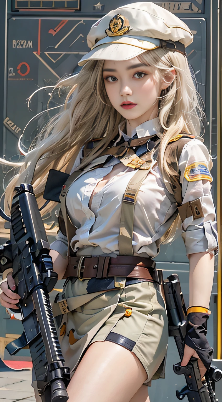 Kizi, an Quority, top-quality, big breasts beautiful, prette, The sheen,Next to the missile car, tmasterpiece, Cat eyes,White army uniform,Raised sexy,chest baring,Naval equipment,short skirt, Big wavy blonde hair,With a military cap,Fighting posture,white colors,Land background,(((Armed with a submachine gun:1.3))),girl soldier