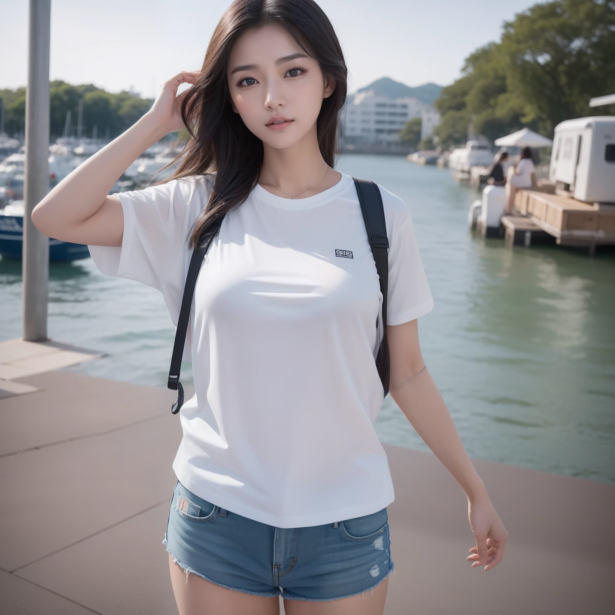 One lady、((best qualtiy、8k masterpieces:1.3))、foco nítido:1.2、(ultra beautiful faces:1.0)、(shinny skin:1.0)、photos realistic、A dark-haired、Video Lighting、High-definition eyes and face、Video Lighting、(Korean Cute Actress)、from the front side、medium breasts、ssmile、Slender Abs Beauty、Whole body、wearing t-shirts、On the quay in the early morning、