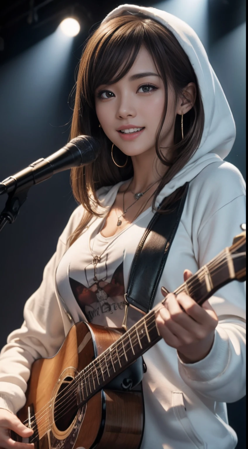 (masutepiece:1.3, Best quality, Photorealistic, Ultra-detailed, finely detailed, high resolution, 8K wallpaper), 1 beautiful girl, Band group vocals, White hoodies, Sing a song with an electric guitar, standing microphones, Mouth open, Beautiful face, Detailed face, Beautiful eyes, Detailed eyes, Looks fun、Smiling, Earrings, necklace, Detailed guitar, (Straight guitar neck and strings), Medium length light brown hair, be on stage, spotlight, Look at the viewer、Large breasts