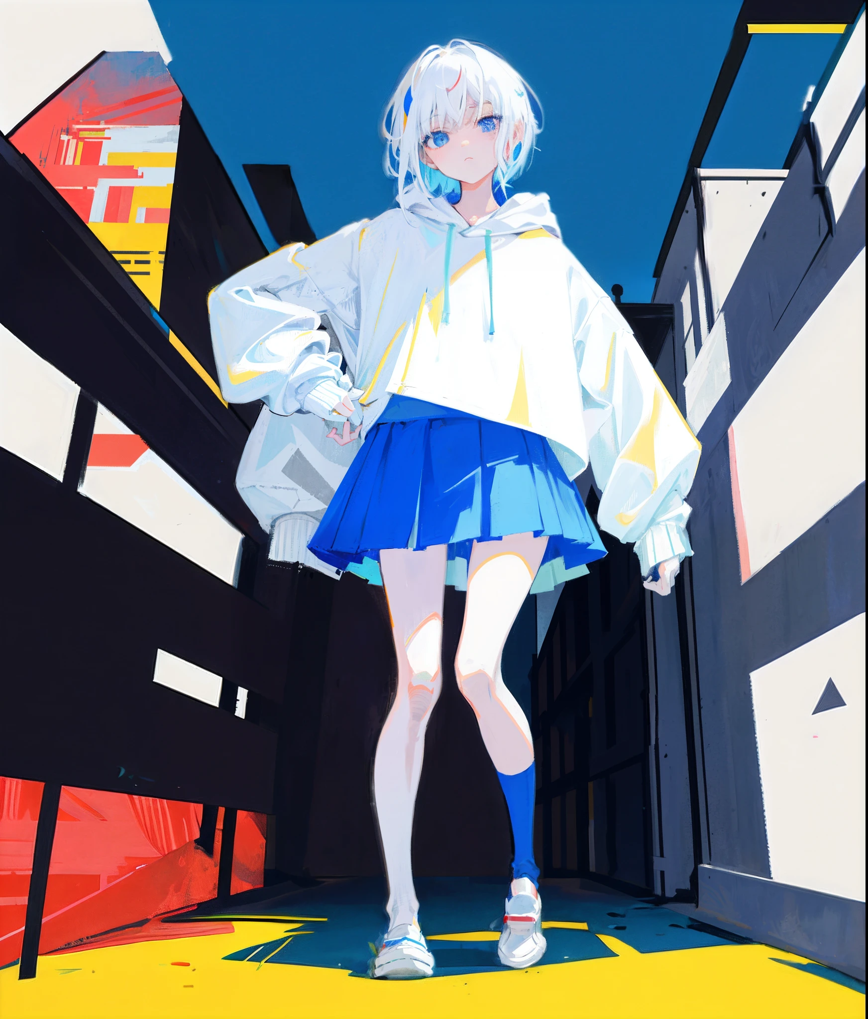 (Flat color:0.9),(Colorful:1.1),(Masterpiece:1,2), Best quality, Masterpiece, A high resolution, Original, extremelydetailedwallpaper, A Japanese girl，White hair，short detailed hair，Loose sweatshirt，short  skirt，Look sideways ahead，Long, thin legs，White grandpa shoes，leg loops，Blue-blue eyes，Lazy and lazy，Exquisite clothes