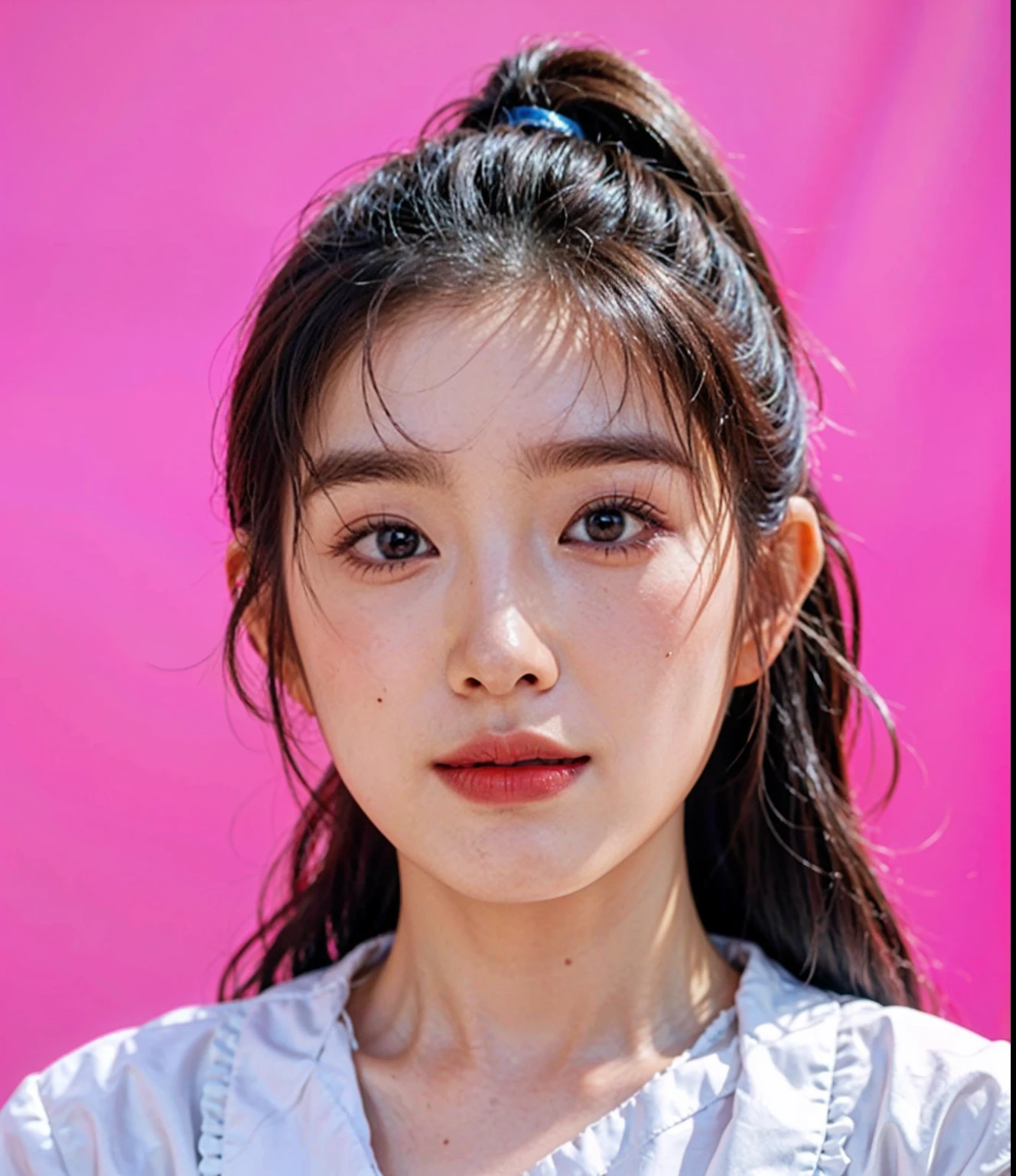 Close-up of a woman combing her hair with a brush, Korean face features, young lovely Korean faces, Korean symmetrical face, wan adorable korean face, young cute wan asian face, south east asian with round face, popular korean makeup, She is facing the camera, dilraba dilmurat, Realistic. Cheng Yi, Korean girl, shaxi