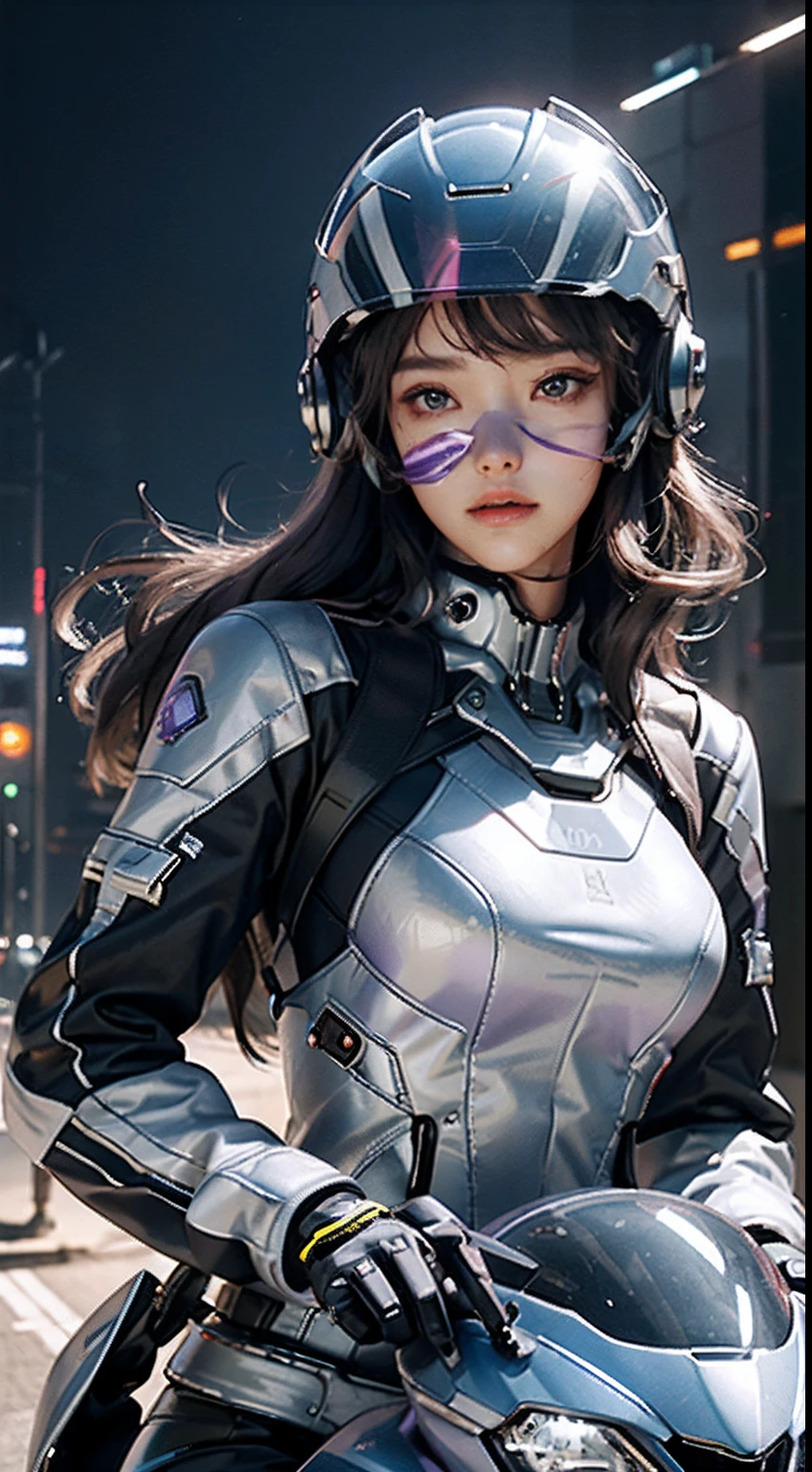 Highest image quality, outstanding detail, ultra-high resolution, (fidelity: 1.4), the best illustration, favor details, highly condensed 1girl, with a delicate and beautiful face, wearing a purple and silver mech, wearing a mecha helmet, holding a direction controller, riding on a motorcycle, the background is a high-tech lighting scene of the future city.