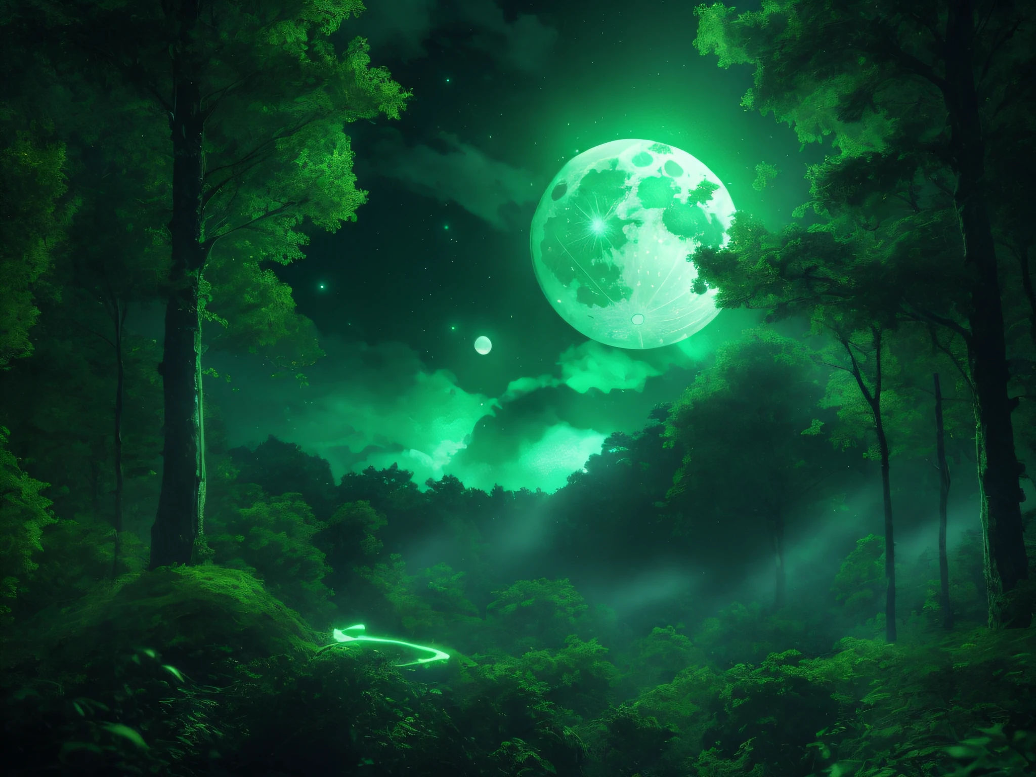 a close up of a a  moon is shining in the sky over a forest, forest and moon, glowing green, background artwork, green glows, green glow, dark fantasy forest, 4k concept art, green lights, haunted green light lights concept art fantasy