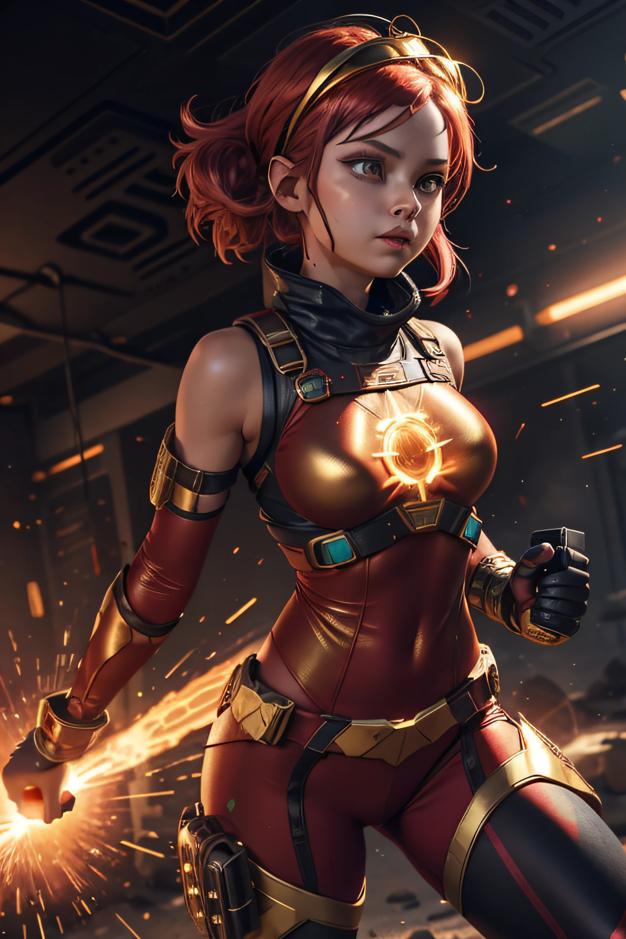 ChatGPT
Radiant red bodysuit with gold detonation patterns. Eye-covering visor pulsates with inner explosive energy. Armored chestplate with timer motifs. Leggings shimmer like lit fuses. Combat boots house mini detonators. Her explosive gaze, a symbol of volatile strength.