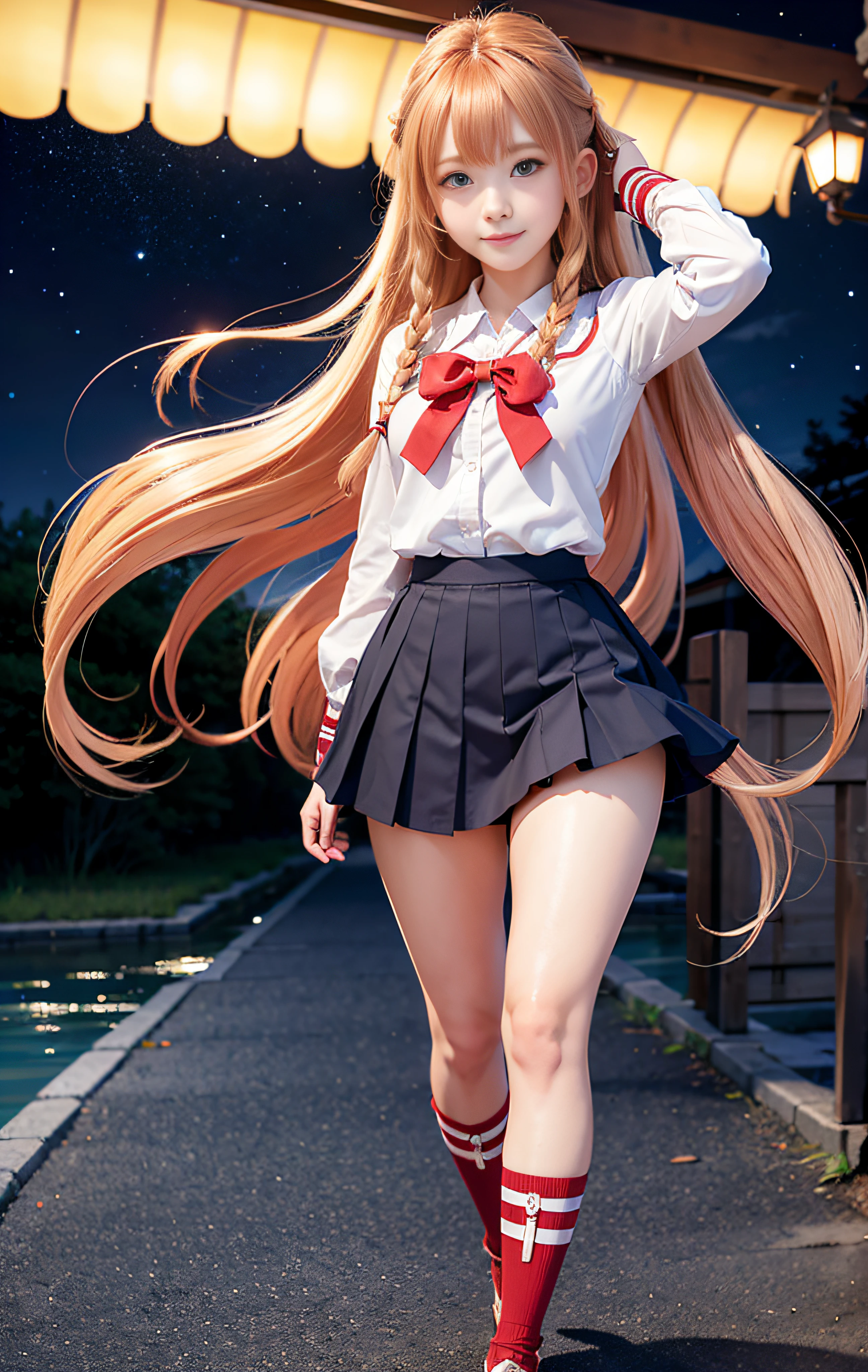 RAW image quality, 1girl in, s Armor, Asuna_\(stele\), bangss, , mid night, red blush, espadrilles, Braids, Japan School Uniforms, breastsout, brown_Eyes, Closed_Mouth, clouds, Hair fluttering in the wind, natta, starrysky, milkyway, chee, crosswalk, hair_Bland_Eyes, long_hair, up looking_で_viewer, mont, plein air, lake, Hold the sword, skirt by the, Skysky, A smile, 独奏, thighs thighs thighs thighs, very_long_hair, Ultra-detailed CG image quality,