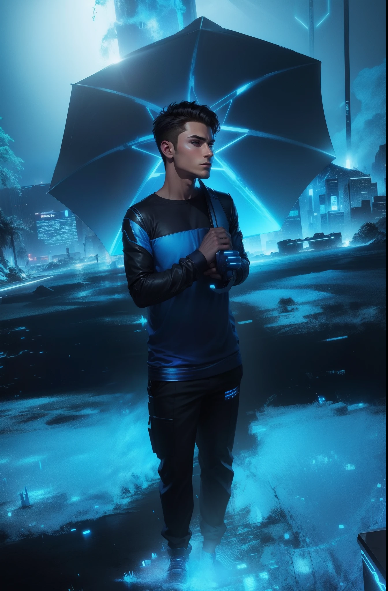 Cyber background blue, realistic face, handsome boy, ultra realistic