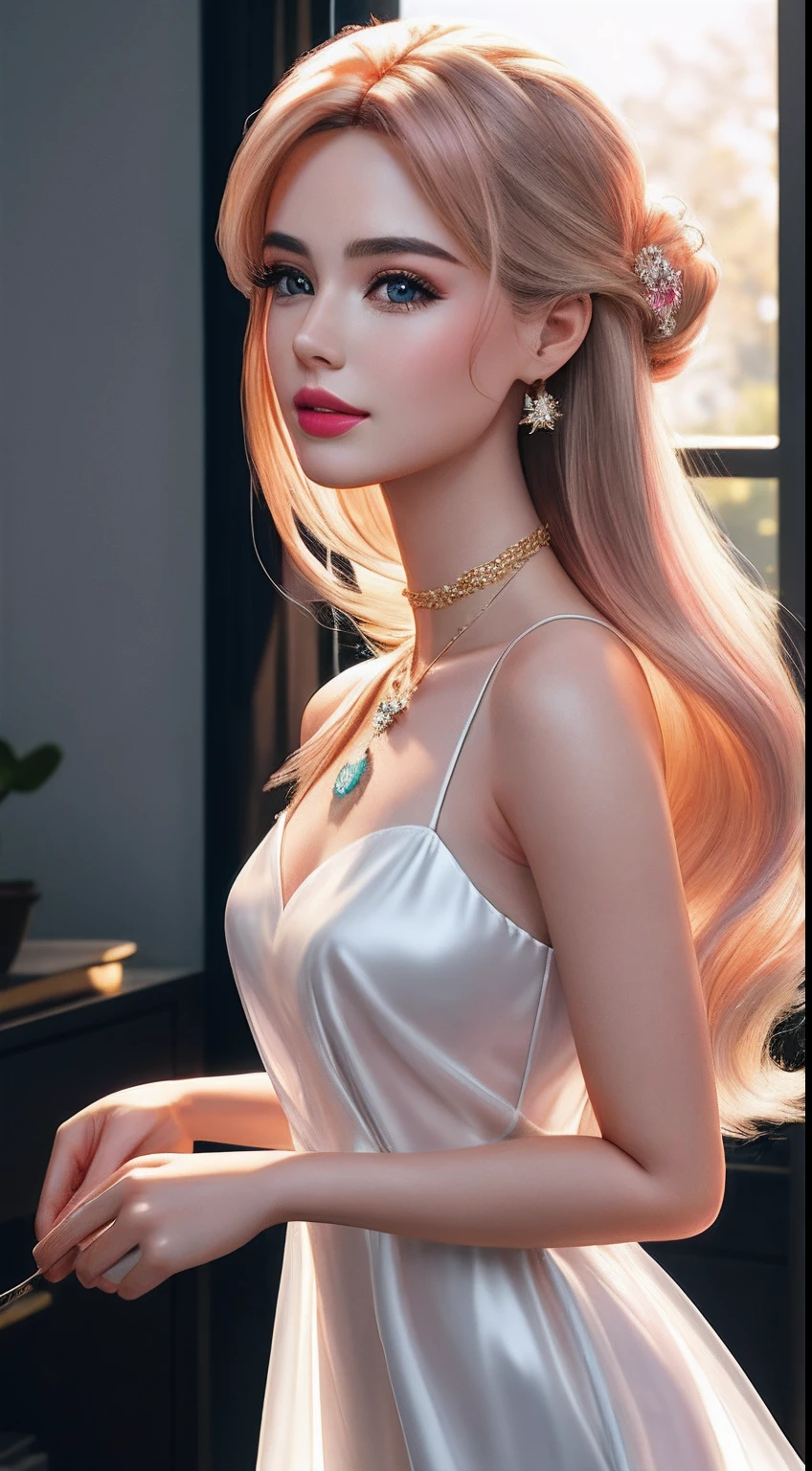 Best quality at best，tmasterpiece，A high resolution，1girl，((( Barbie Girl)))，Transparent silk porcelain dress，Lovely face，hair adornments，looking at viewert，ssmile，closing the mouth，cparted lips，shift dresses，hair adornments，choker necklace，jewely，long whitr hair，耳Nipple Ring，beautiful  face，upon body，dingdall effect，真实感，dark studio，edge lit，twotonelighting，（highdetailskin：1.2），8k uhd，digital SLR camera，softlighting，high qulity，Volumetriclighting，sneak shot，photore，A high resolution，4k，8k，Background bokeh