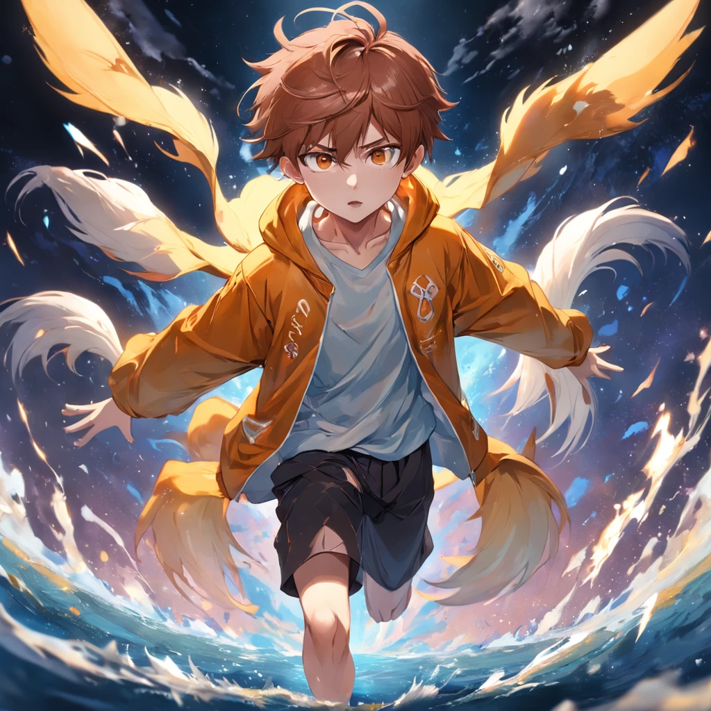 (((tmasterpiece))),Highest image quality,hyper HD,Extremely detailed CG unity 8k wallpaper,best illustration,Exceptionally delicate and beautiful,afloat,A high resolution,dynamic angle,dynamicposes,1 boy,Reddish-brown eyes,Yellow sweatshirt,Golden fox ears,Golden fox tail,beautiful face,Too many water droplets,Clouds,eventide,wide wide shot,Watercolor effect。