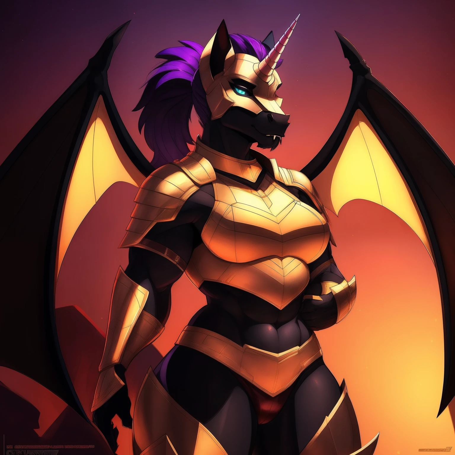 muscular_mature_horse female faded_dark_purple_mane ponytail black_furry_body teal_eyes cat_eyes solo Masterpiece best_quality absurdres highly_detailed cleanly_drawn_eyes heavy_plate_armor fangs bat_wings heavy_helmet purple_eyeshadow long_black_unicorn_horn horse_snout anthro_only seductive_gaze sultry by_claweddrip by_greasymojo by_underscore-b by_runawaystride