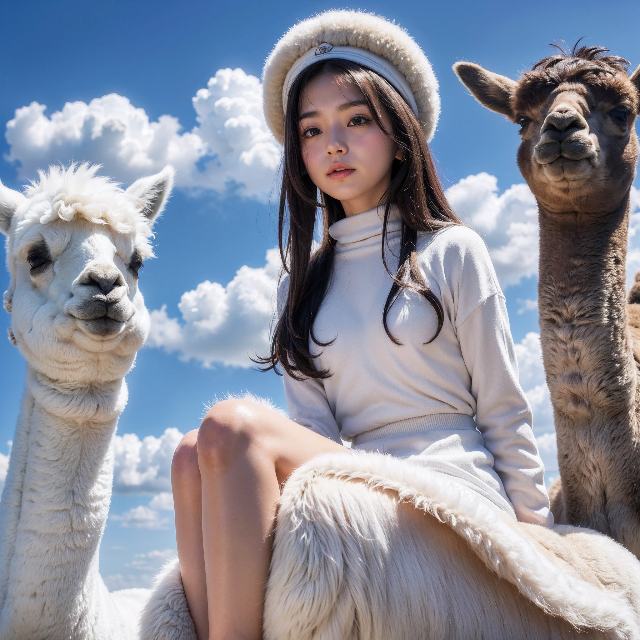 (8K、RAW Photos、top-quality、​masterpiece:1.5)、(realisitic、Photorealsitic:1.5)、ultra-detailliert、超A high resolution、lighting like a movie、(((Idols who love alpacas)))、(((Japan 16 year old girls)))、(((Wearing a cute costume with an alpaca motif)))、(Lots of alpacas:1.5)、cute smile face、Happy and energetic atmosphere、dynamic ungle、动态照明