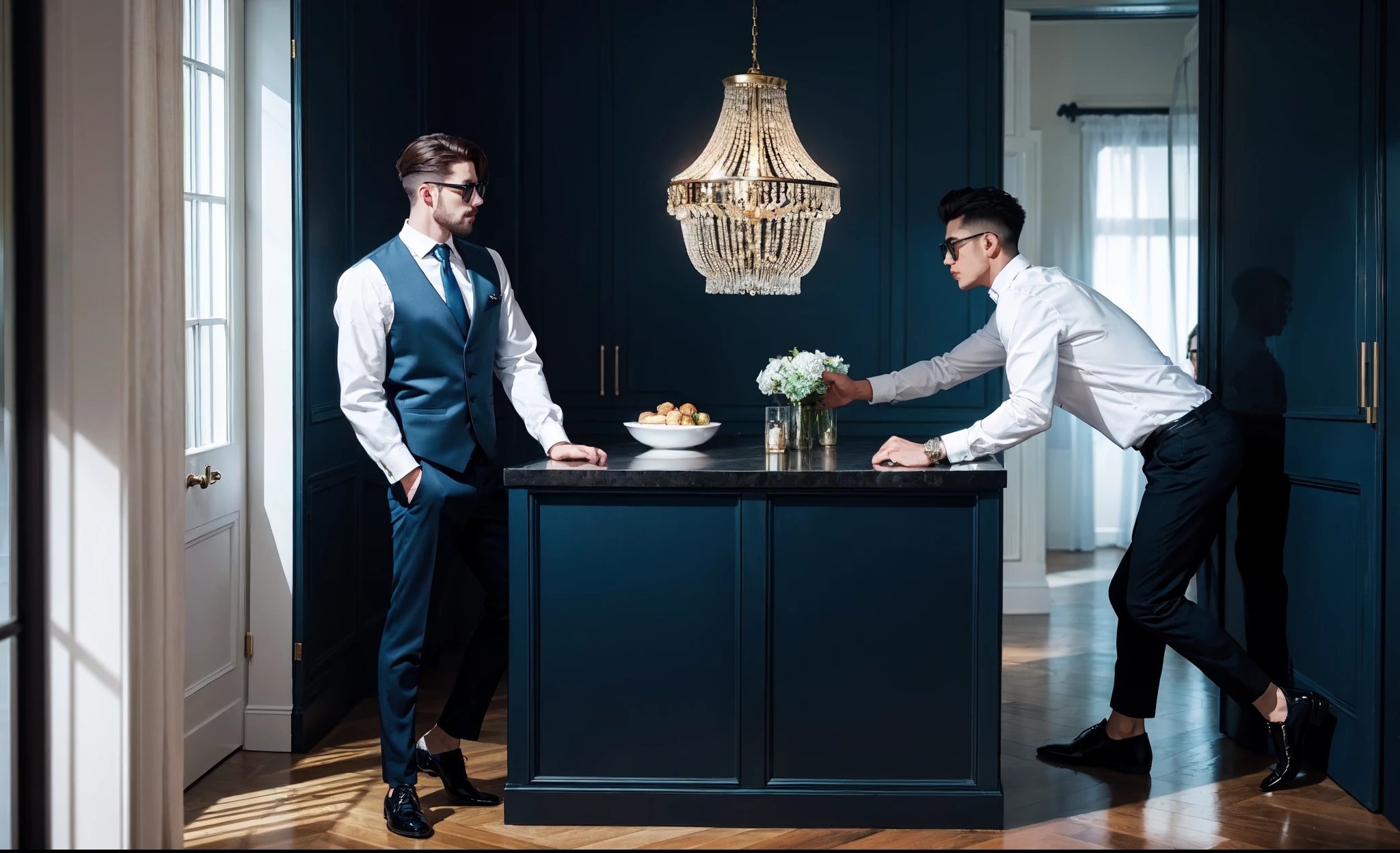"4 men in a modern stylish room, each with a distinct personality and fashion sense."