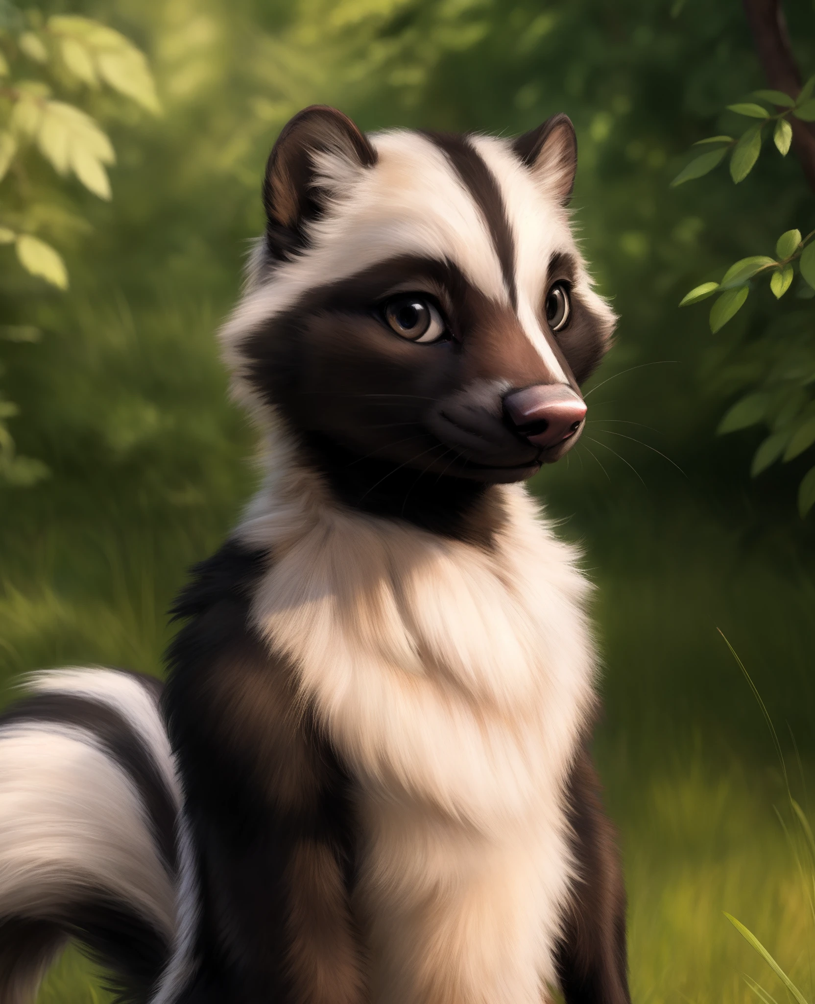 detailed, (detailed fur, fur, furry body:1.2), (by ratte and nuzzo and kenket:0.7), high quality, absurd res, photo manipulation, photography \(artwork\), detailed, Stella, skunk girl, Looking at viewer, uploaded to e621, black fur