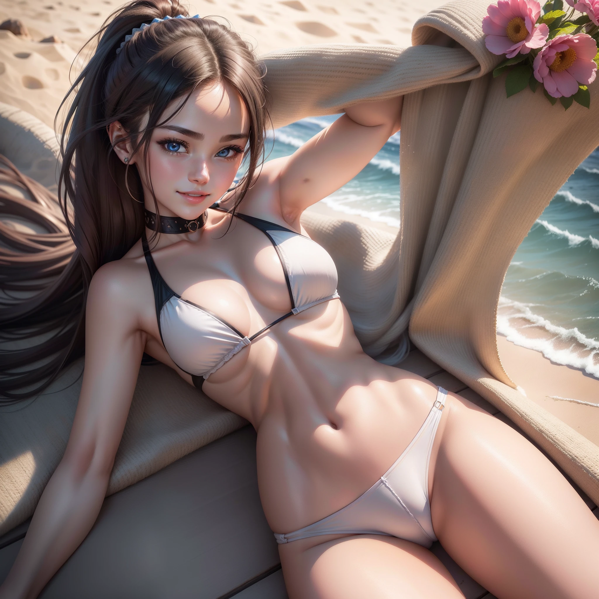 Best quality, Ultra-detailed, finedetail, A high resolution, 8K wallpaper, Beautiful detailed eyes, Women's Summer,pony-tail hair,Small breasts with natural color lips, Bold sexy pose,Smile,20 years girl、Cute、Sexy looking at the camera、beachside