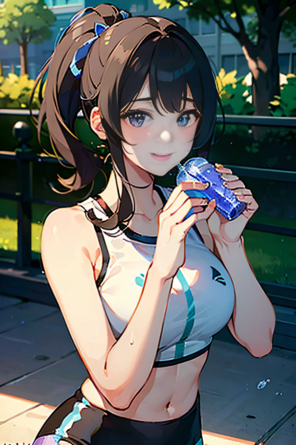 Girl running in the park,(((Drink bottled water))),Big balls of sweat,(Expressed with a glossy iridescent metallic luster、Bright sports bra and leggings.:1.3).Glossy light brown and orange striped shorthair,disheveled ponytail,Swaying breasts、Lovely woman,Perfect round face,A cheerful smile that makes the viewer happy,Proper body proportion,masutepiece,Super high-quality output images,hight resolution,Intricate details,Very delicate and beautiful hair,photographrealistic,Dreamy,Professional Lighting,realistic shadow,Solo Focus,Beautiful hands,Beautiful fingers,Detailed finger features,detailed clothes features,Detailed hair features,detailed facial features,