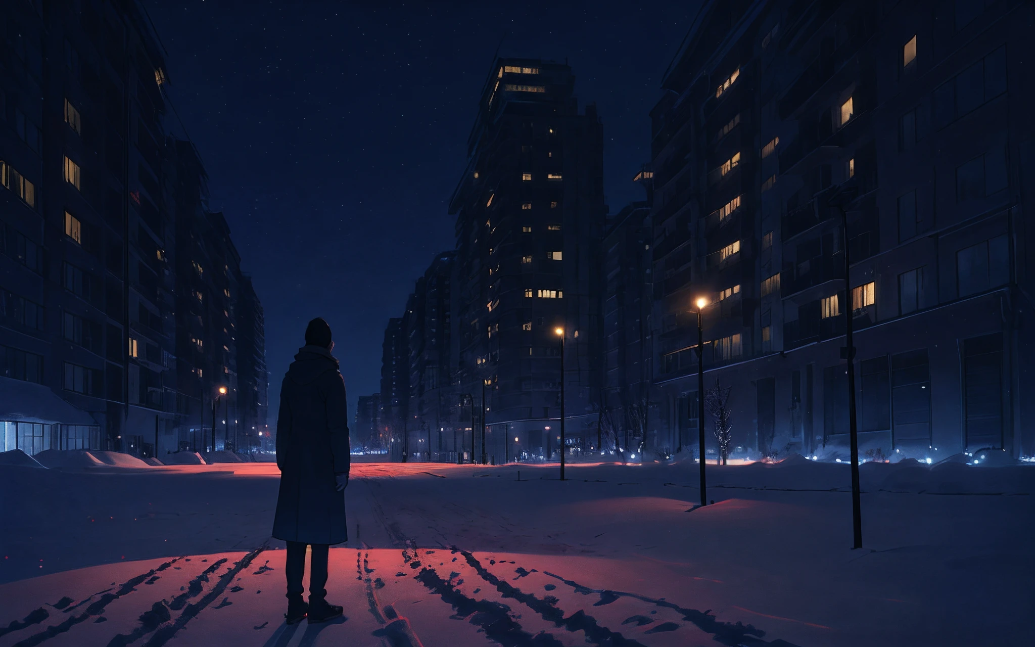 nighttime scene Winter scenery One person standing lonely Urban winter