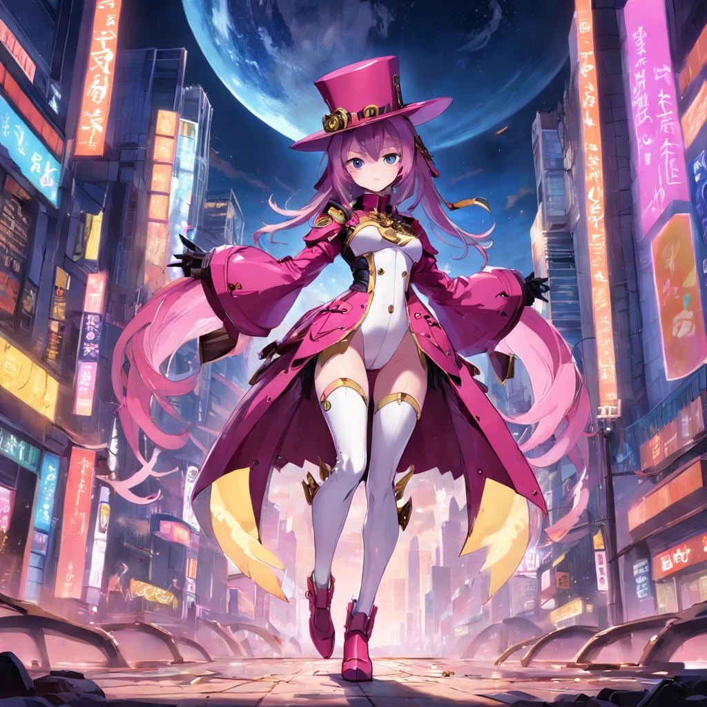 an android wearing a wide top hat, the android has a slender figure, the android has romkboid-shaped eyes, no iris, gradient yellow pupils, the android shows a neutral expression, the android poses elegantly exposing full build, no bust, no bust, no breasts, flat chested, the android wears exaggeratedly thick boots of a fuchsia color, metal textured boots, metal body texture, full body, obra maestra, mejor calidad, Still film, 1人の女の子, Cloud Girl, flotando en el cielo, primer plano, brillante, feliz, soft warm lighting, puesta de sol (chispas: 0,7)