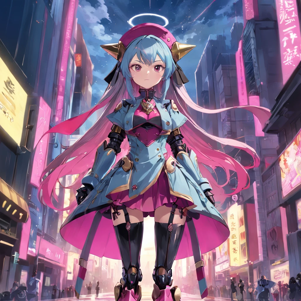 an android wearing a wide top hat, the android has a slender figure, the android has romkboid-shaped eyes, no iris, gradient yellow pupils, the android shows a neutral expression, the android poses elegantly exposing full build, no bust, no bust, no breasts, flat chested, the android wears exaggeratedly thick boots of a fuchsia color, metal textured boots, metal body texture, full body, obra maestra, mejor calidad, Still film, 1人の女の子, Cloud Girl, flotando en el cielo, primer plano, brillante, feliz, soft warm lighting, puesta de sol (chispas: 0,7)