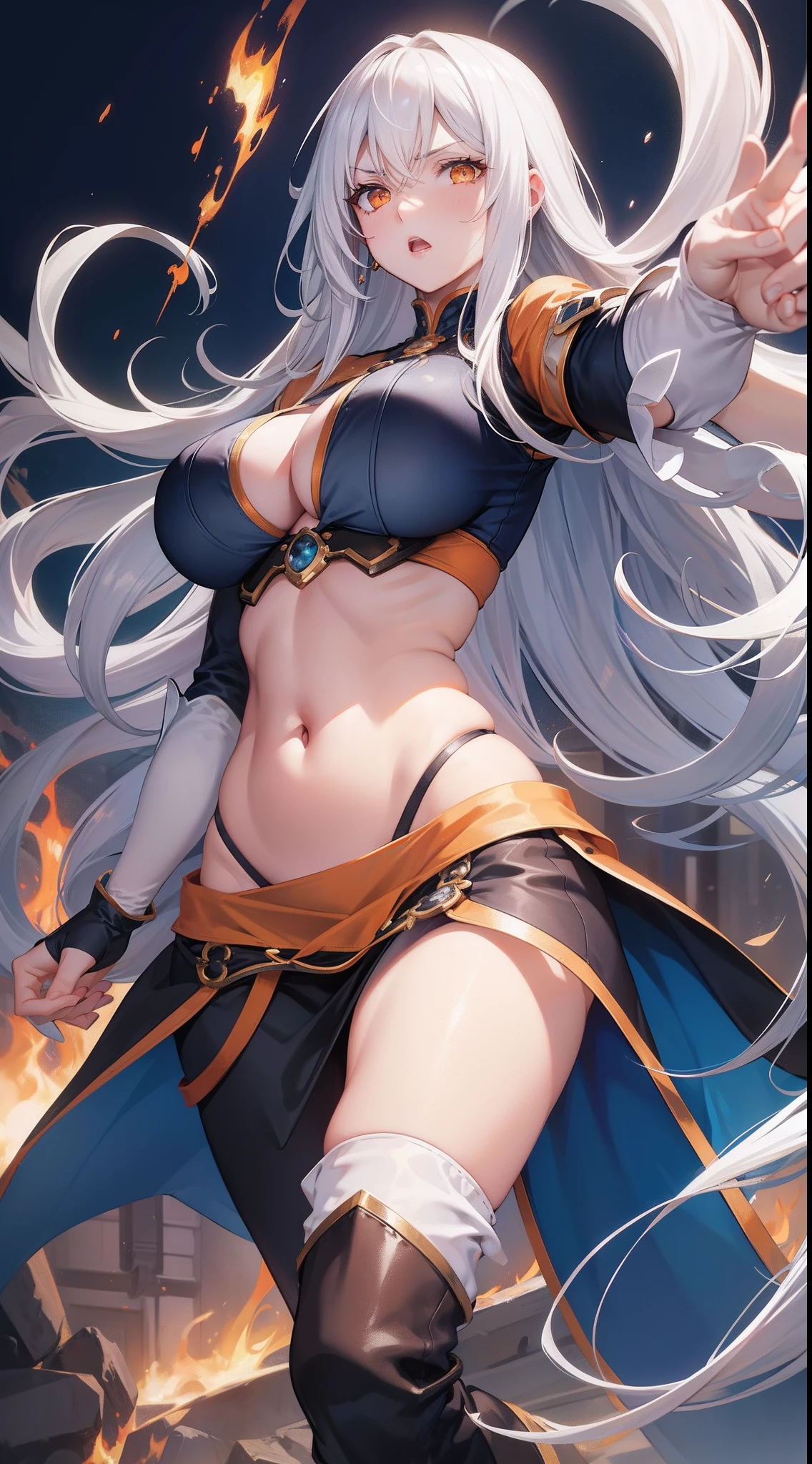 Adult woman, Long white hair, Orange Eyes, big breastes, open breasts, open belly, blue tight top, Iron sleeves, Iron boots, open thighs, brawn, anger, Masterpiece, hiquality