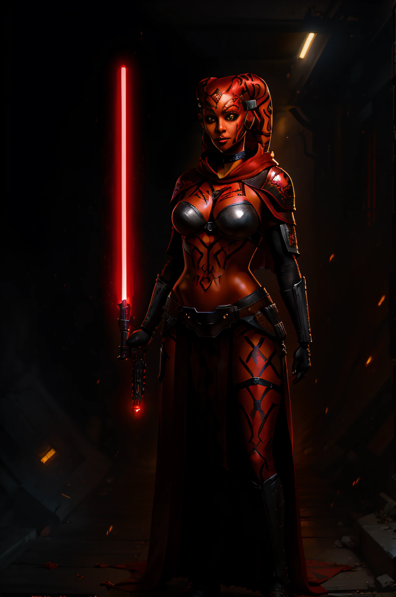 (Masterpiece), Bright Background, (Best Quality), (1 Girl), ((Red Skin: 1.8)), ((Yellow Eyes: 1.5)), (Detailed Face), Full Body, Detailed Portrait, Twi'lek, Darth Talon, sexy, full tribal, cute, with red lightsaber, (wears black robe), black stealth armor, breastplate, tunic, tabard, cowl, cloak, body gloves, straps, buckles, skirt, long sleeves, Greg Rutkowski, Art Station, fantasy, realistic style