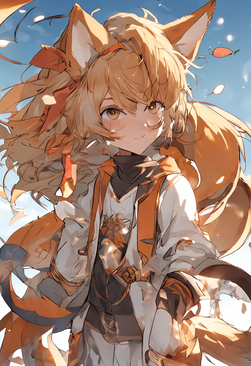 (((tmasterpiece))),Highest image quality,hyper HD,Extremely detailed CG unity 8k wallpaper,best illustration,Exceptionally delicate and beautiful,afloat,A high resolution,dynamic angle,dynamicposes,1 boy,Reddish-brown eyes,Yellow sweatshirt,Golden fox ears,Golden fox tail,beautiful face,Too many water droplets,Clouds,eventide,wide wide shot,Watercolor effect。