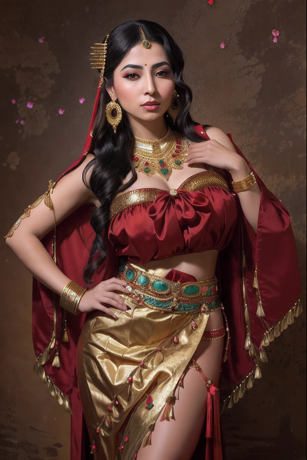 araffe woman in a red and gold costume posing for a picture, beautiful oriental woman, arabian princess, portrait of modern darna, ornate cosplay, persian queen, traditional beauty, persian princess, egyptian princess, orientalisme, she is dressed as a belly dancer, a young woman as genghis khan, exotic costumes, tai costume, a beautiful fantasy empress