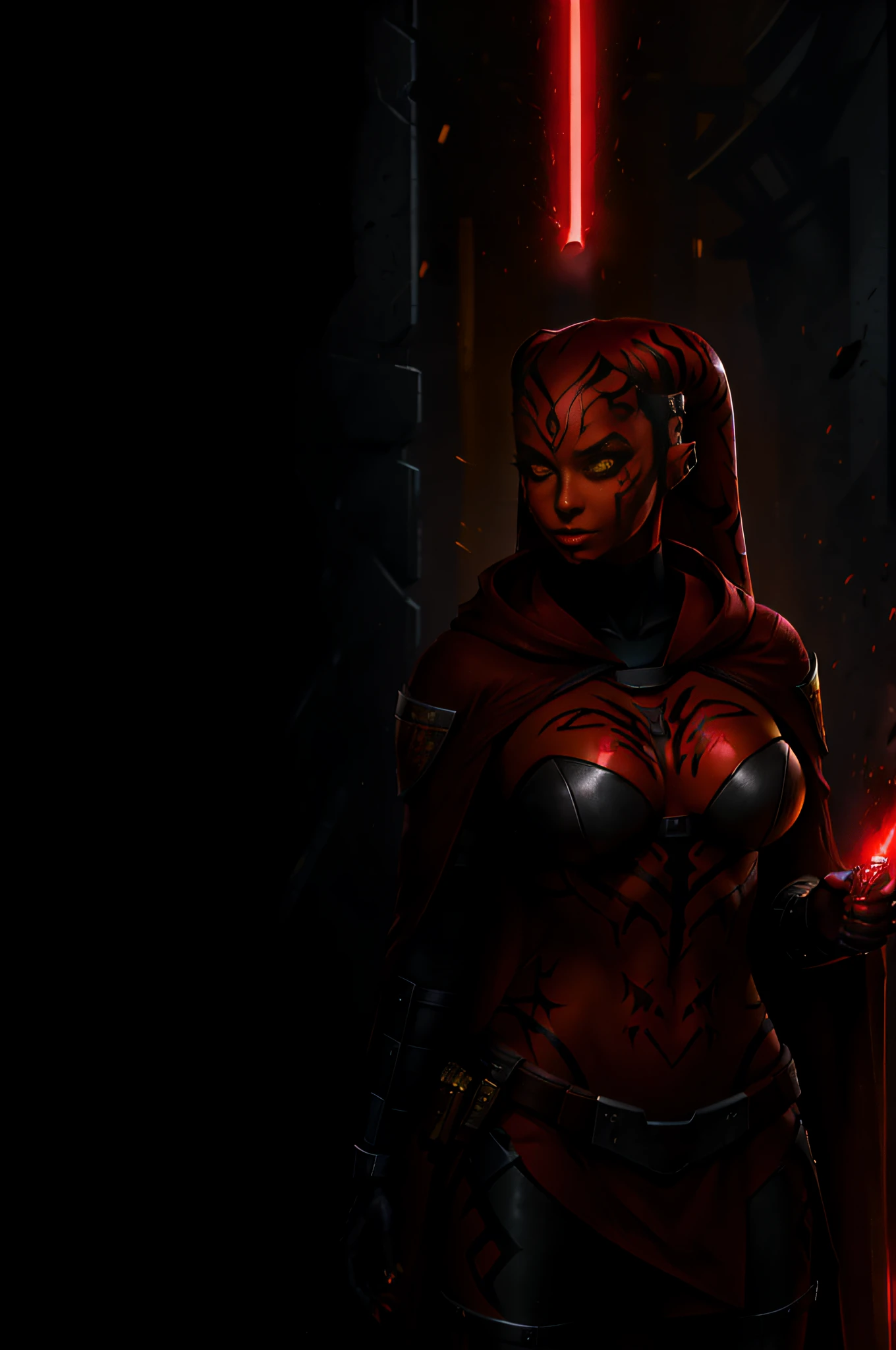 (Masterpiece), Bright Background, (Best Quality), (1 Girl), ((Red Skin: 1.8)), ((Yellow Eyes: 1.5)), (Detailed Face), Full Body, Detailed Portrait, Twi'lek, Darth Talon, sexy, full tribal, cute, with red lightsaber, (wears black robe), black stealth armor, breastplate, tunic, tabard, cowl, cloak, body gloves, straps, buckles, skirt, long sleeves, Greg Rutkowski, Art Station, fantasy, realistic style