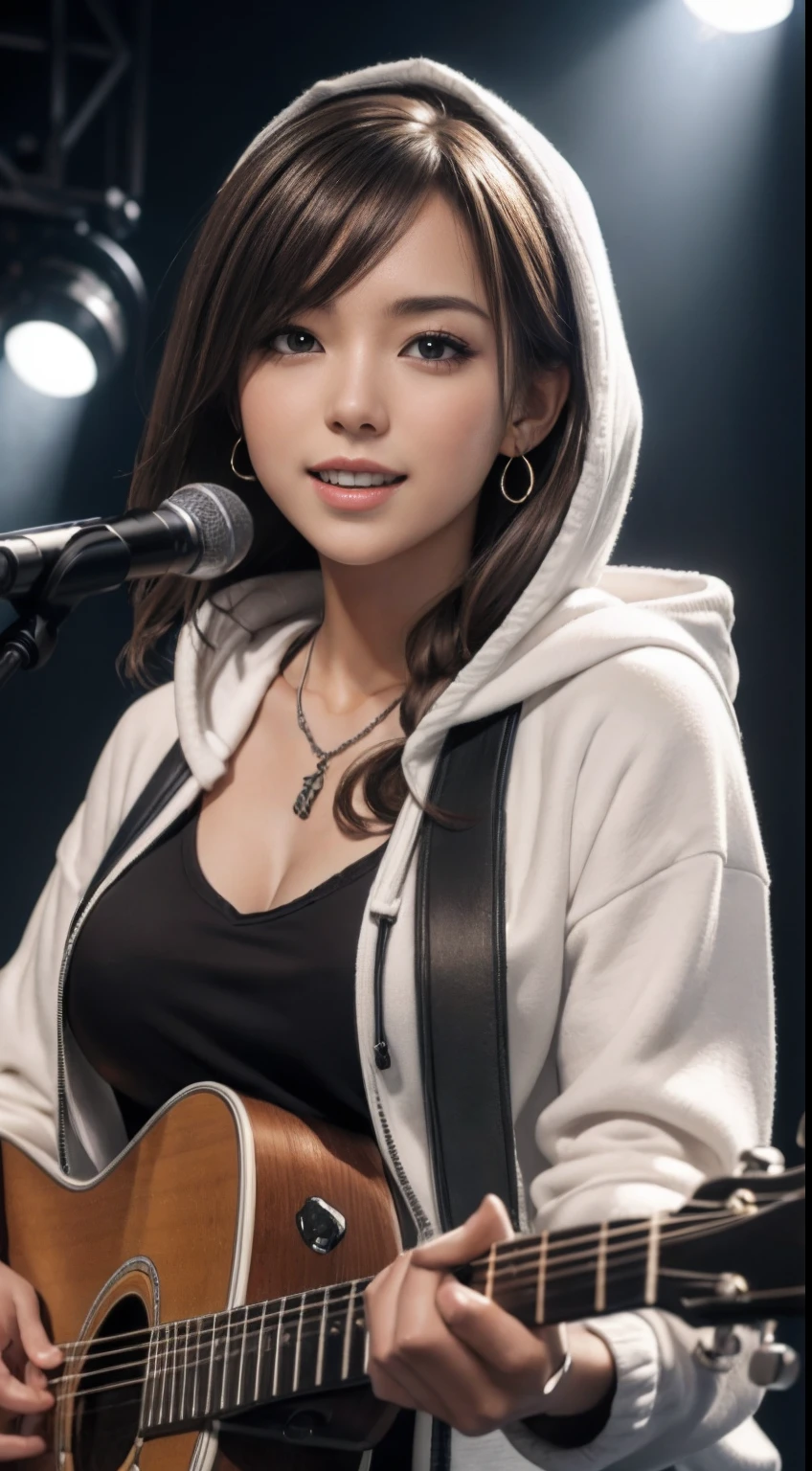 (masutepiece:1.3, Best Quality, Photorealistic, Ultra-detailed, Finely detailed, High resolution, 8K Wallpaper), 1 beautiful girl, Band group vocals, In a white hoodie, Singing a song on an electric guitar, Stand Microphone, Mouth open, Beautiful face, Detailed face, Beautiful eyes, Detailed eyes, Looks fun、Smiling, earrings, Necklace, Detailed guitar, (Straight guitar neck and strings), medium length light-brown hair, on a stage, Spotlight, Look at the viewer、Large breasts