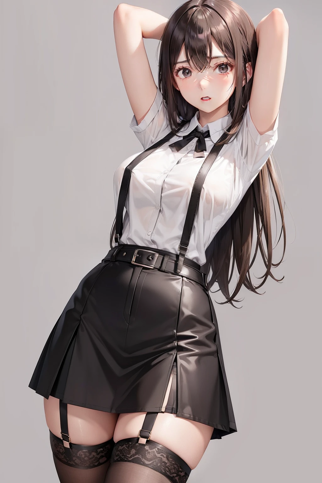 (Kimi, black gloves, white shirt, tie, short black skirt, compact black tights, large chest: 1.5),(Detailed description, Realistic CGI, High-definition, Dramatic lighting, ISO400, 8k),

Kimi donned black gloves, shielding her hands from potential harm. Underneath, she wore a pristine white shirt, the top button left undone, revealing a hint of a black tie hanging loosely around her neck. The lower half of her attire consisted of a short black skirt, its hem barely brushing the tops of her black tights, while the tight-fitting material clung to her shapely body