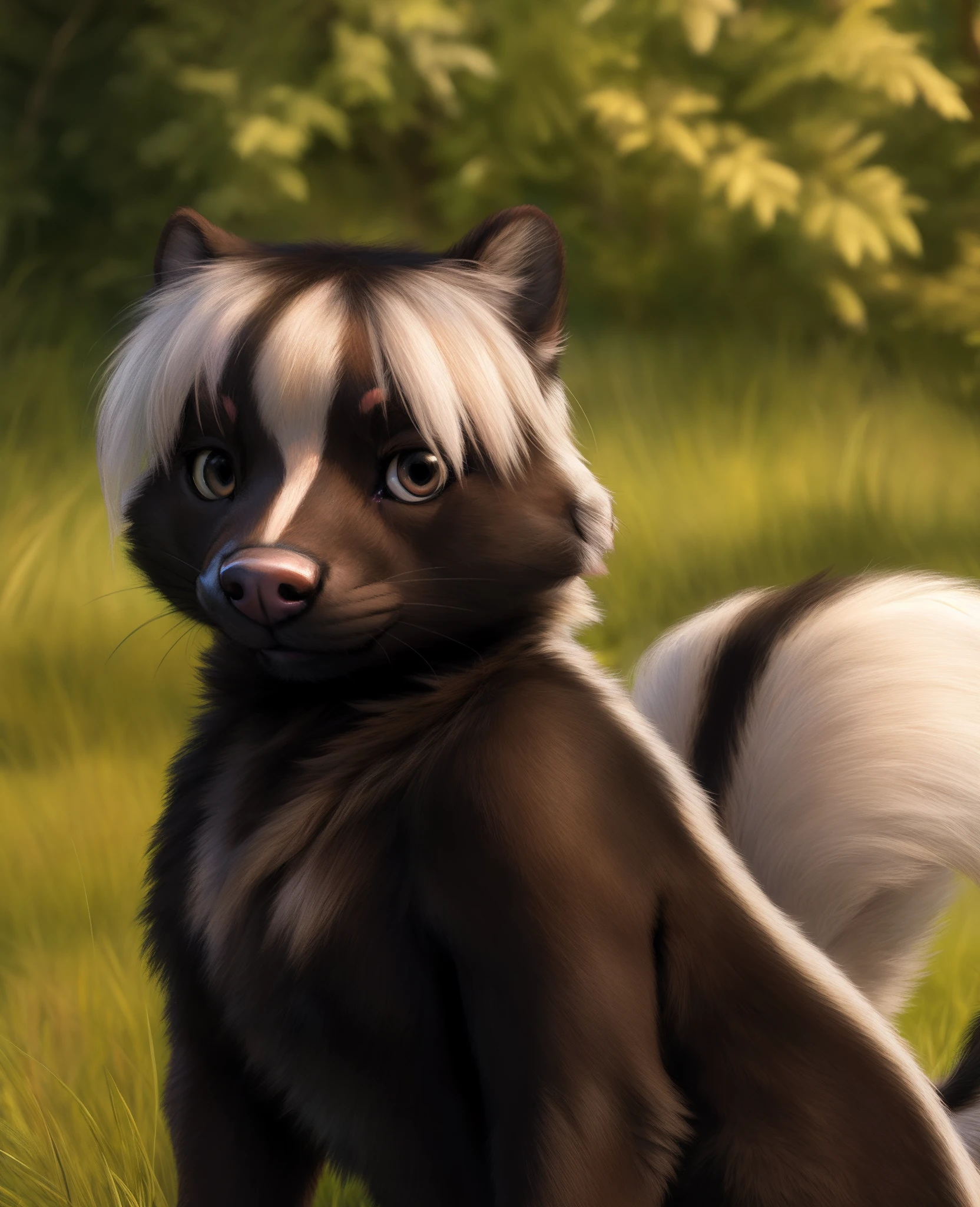 detailed, (detailed fur, fur, furry body:1.2), (by ratte and nuzzo and kenket:0.7), high quality, absurd res, photo manipulation, photography \(artwork\), detailed, Stella, skunk girl, Looking at viewer, uploaded to e621, black fur