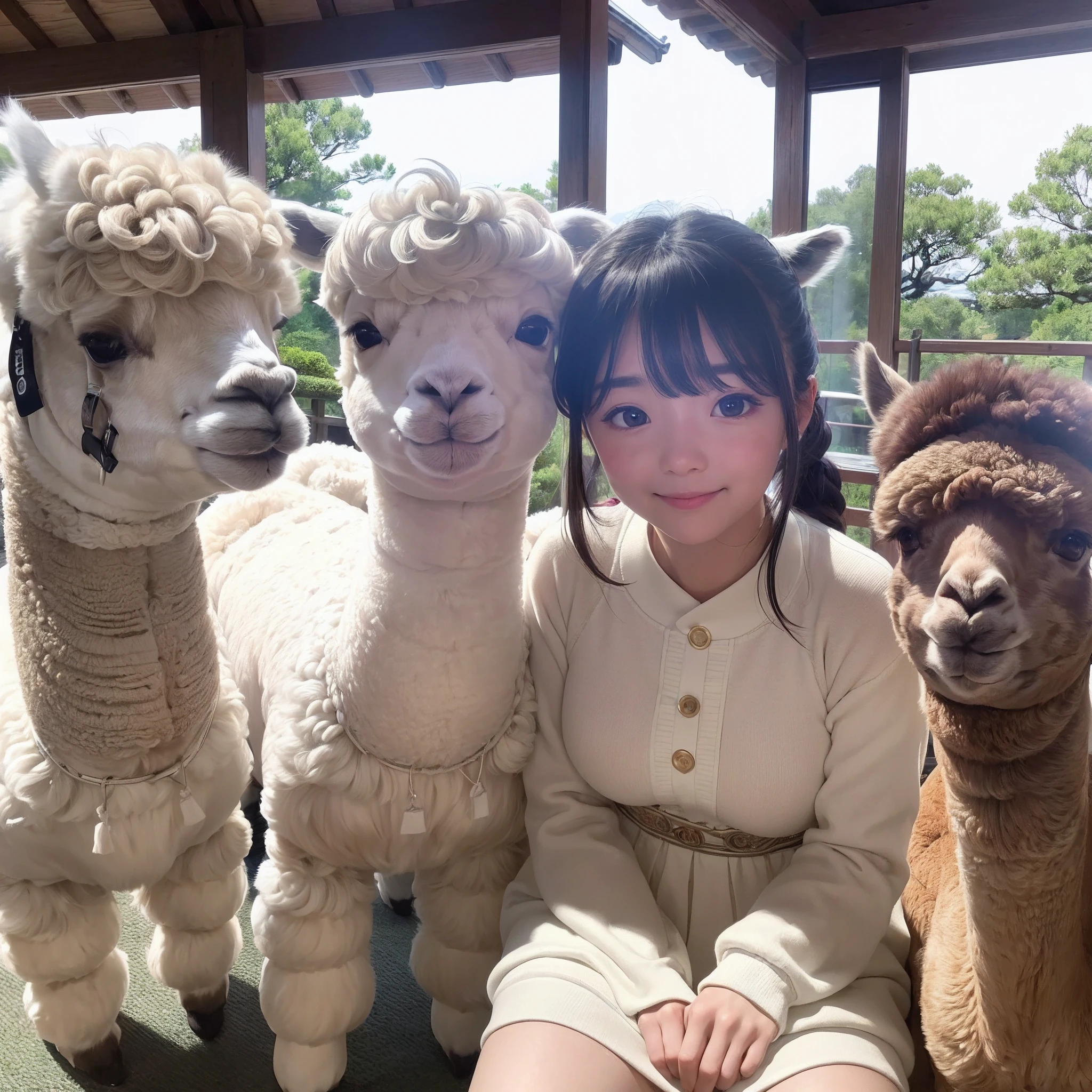 (8K、RAW Photos、top-quality、​masterpiece:1.5)、(realisitic、Photorealsitic:1.5)、ultra-detailliert、超A high resolution、lighting like a movie、(((Idols who love alpacas)))、(((Japan  girls)))、(((Wearing a cute costume with an alpaca motif)))、(Lots of alpacas:1.5)、cute smile face、Happy and energetic atmosphere、dynamic ungle、动态照明