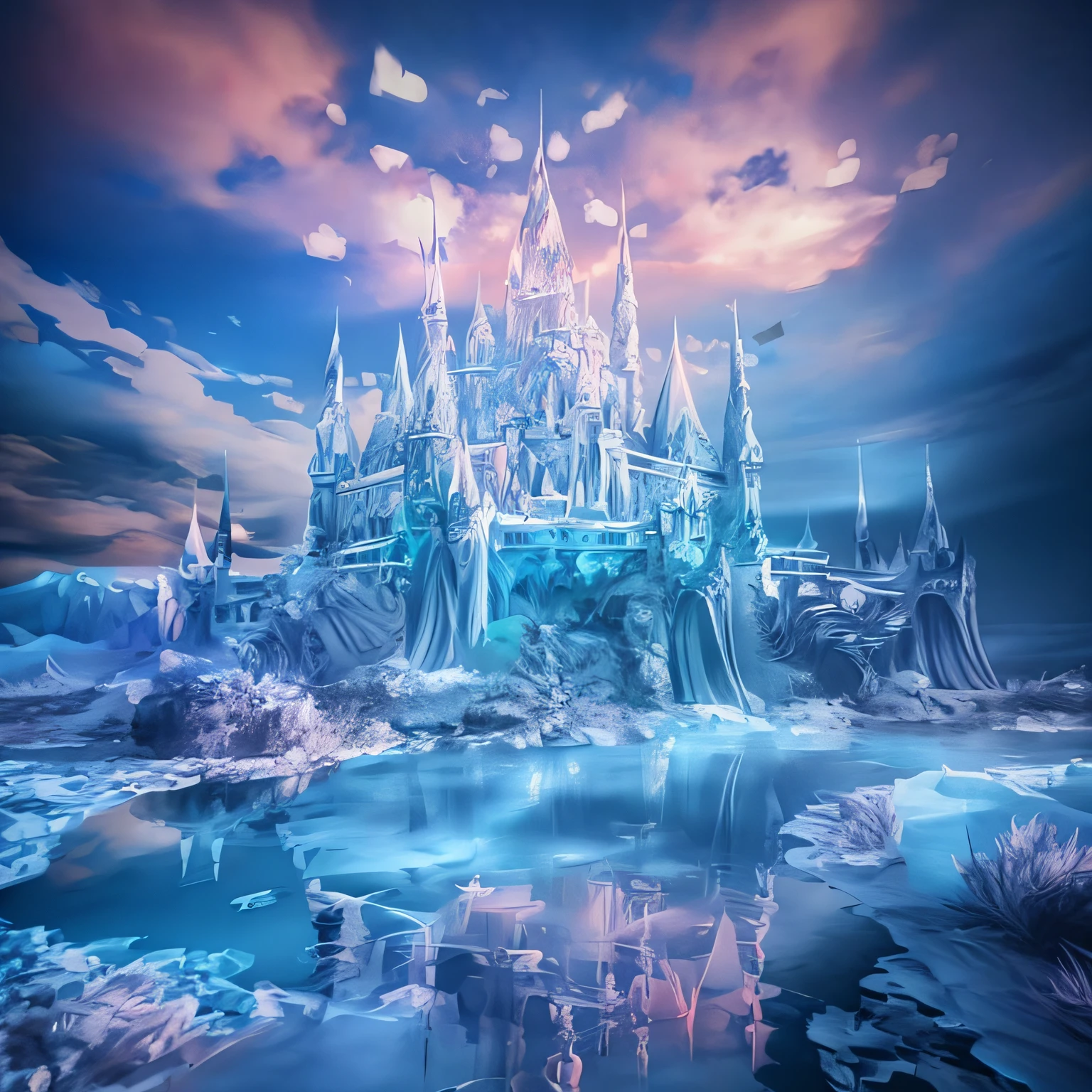 There is a castle made of ice on the frozen lake, stuning fantasy 3 d render, beautiful render of a fairytale, fantasia 3 d render, Unreal Engine fantasy art, fantasy highly detailed, beautiful detailed fantasy, Fantasy castle, realistic fantasy rendering, high fantasy castle, epic dreamlike fantasy landscape, impressive fantasy landscape, fantasy render, matte painting in fantasy style