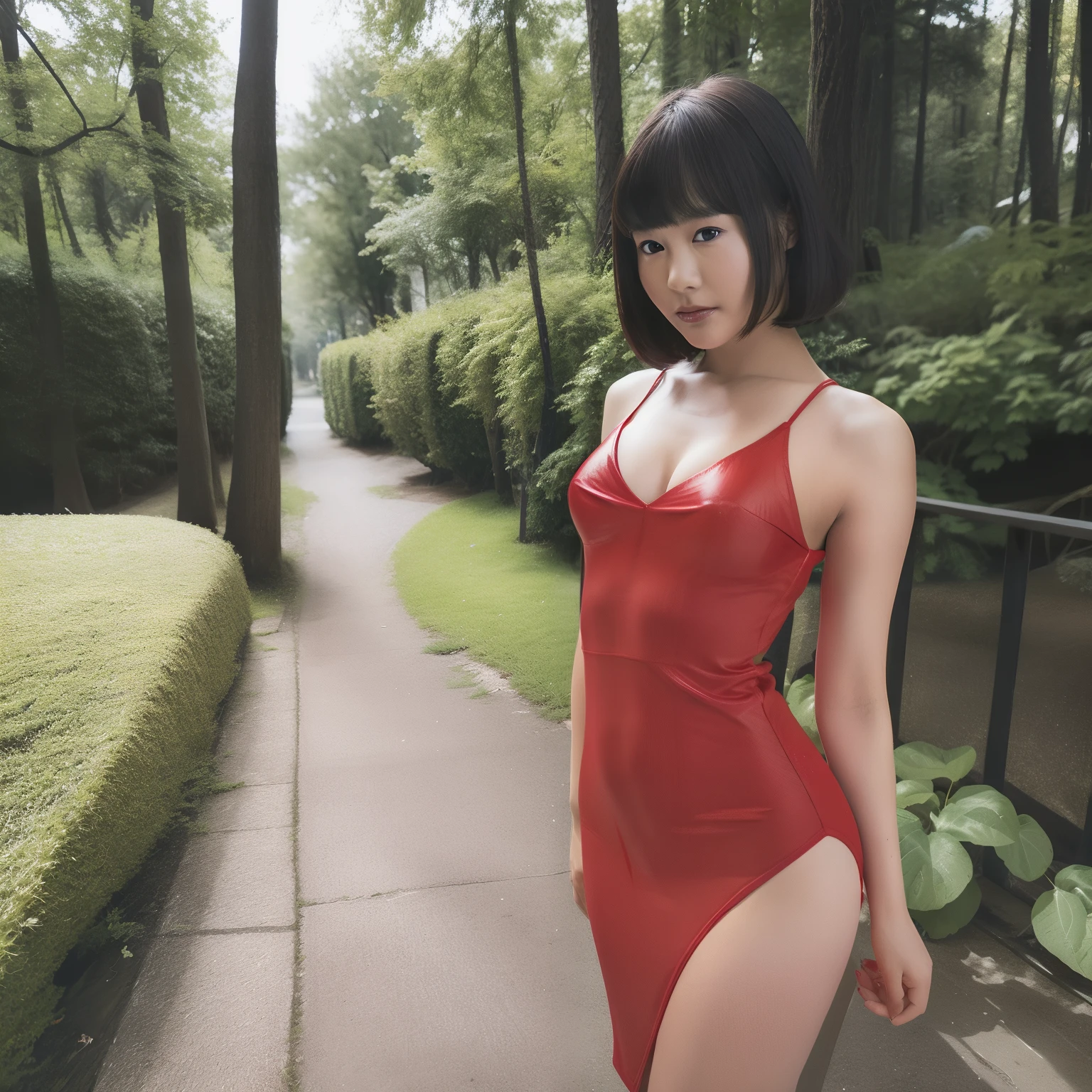 (red dress),1 girl,(short hair:1.1), (arms behind back:1.1),(realistic:1.7),((best quality)),absurdres,(ultra high res),(photorealistic:1.6),photorealistic,octane render,(hyperrealistic:1.2), (photorealistic face:1.2), (8k), (4k), (Masterpiece),(realistic skin texture), (illustration, cinematic lighting,wallpaper),( beautiful eyes:1.2),((((perfect face)))),(cute),(standing),(black hair),(long hair),black eyes,red lips, (outdoors),