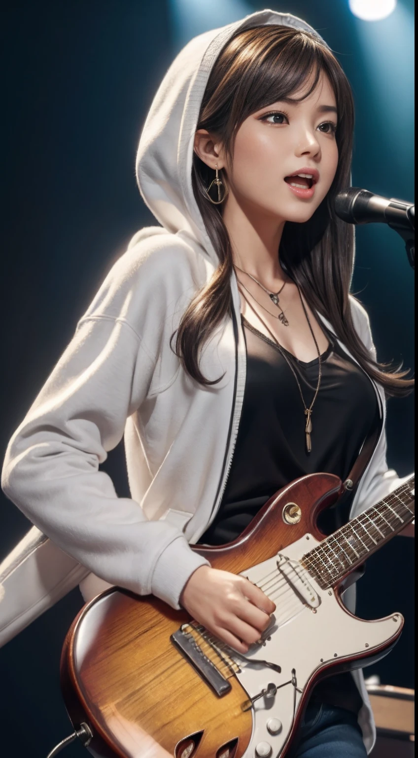 (masutepiece:1.3, Best Quality, Photorealistic, Ultra-detailed, Finely detailed, High resolution, 8K Wallpaper), 1 beautiful girl, Band group vocals, In a white hoodie, Singing a song on an electric guitar, Stand Microphone, Mouth wide open, Beautiful face, Detailed face, Beautiful eyes, Detailed eyes, Looks fun、Smiling, earrings, Necklace, Detailed guitar, (Straight guitar neck and strings), medium length light-brown hair, on a stage, Spotlight, Look at the viewer、large full breasts