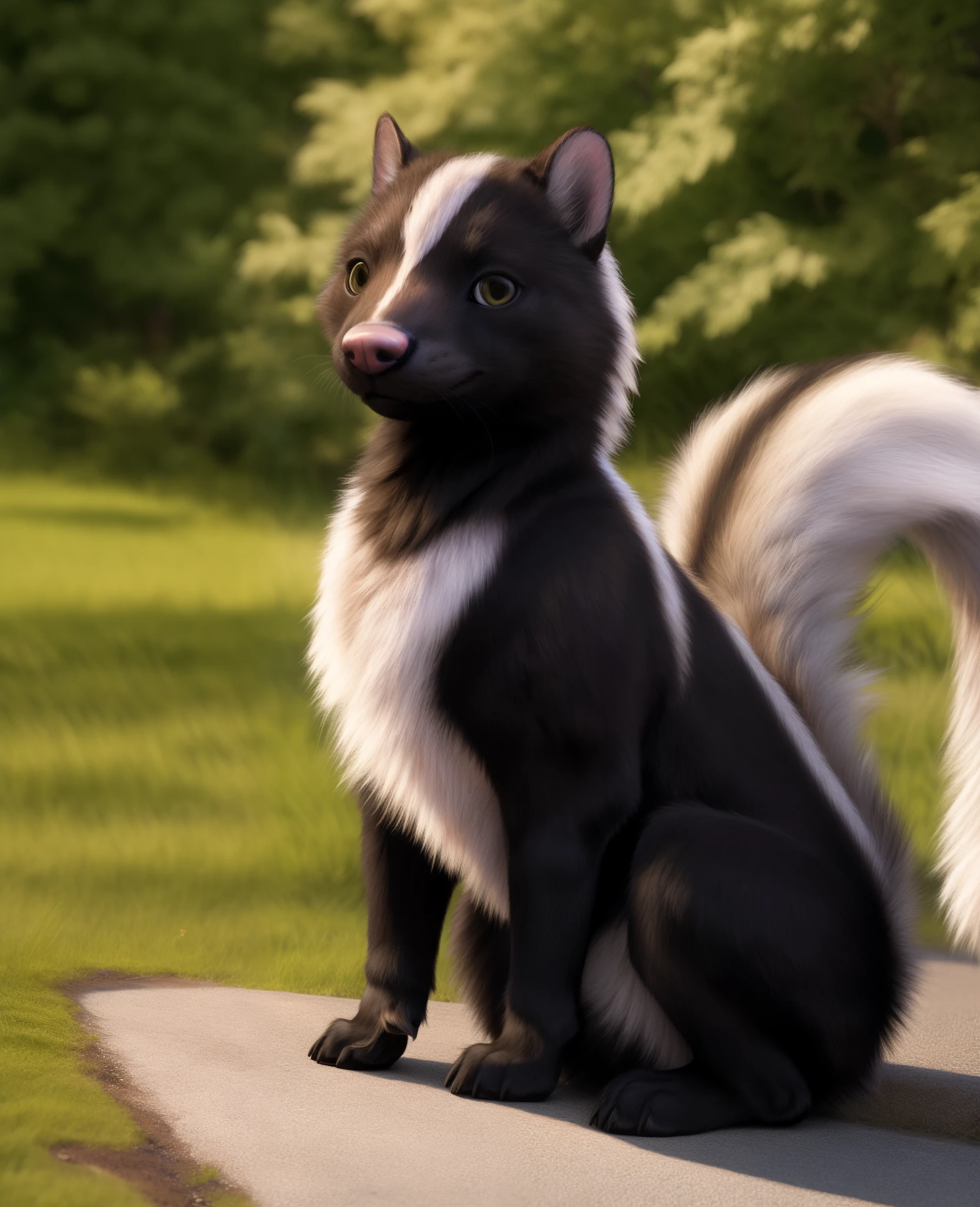 (feral body:1.4), presenting, leaning against ground, looking at viewer, realistic fur, real, detailed, (detailed fur, fur, furry body:1.2), furry, anthro, best quality, professional photo, photorealism, high quality, volumetric, ray tracing, HDR, 4K, 8k, absurd res, realistic, max shading, ((masterpiece)),, Stella, skunk girl, Looking at viewer, uploaded to e621, black fur,, sitting, uploaded to e621, tail