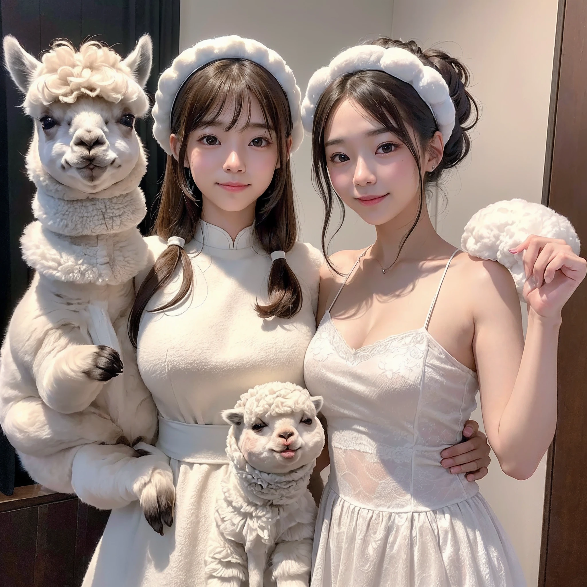 (8K、RAW Photos、top-quality、masterpiece:1.5)、(realisitic、Photorealsitic:1.5)、ultra-detailliert、超A high resolution、lighting like a movie、(((Idols who love alpacas)))、(((Japan 16 year old girls)))、(((Wearing a cute costume with an alpaca motif)))、(Lots of alpacas:1.5)、cute smile face、Happy and energetic atmosphere、dynamic ungle、动态照明