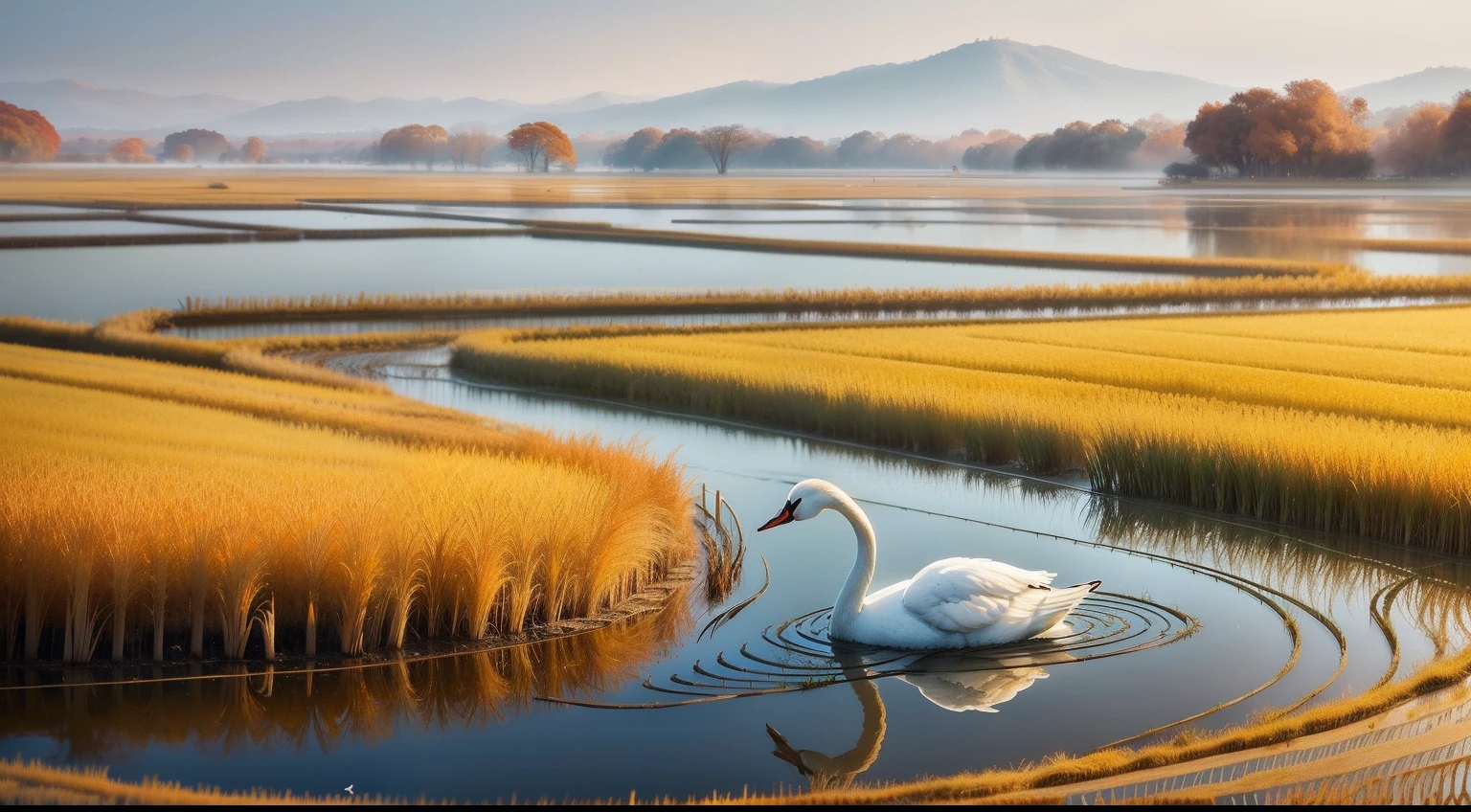 Rice fields in autumn、There are two white swans in the pond