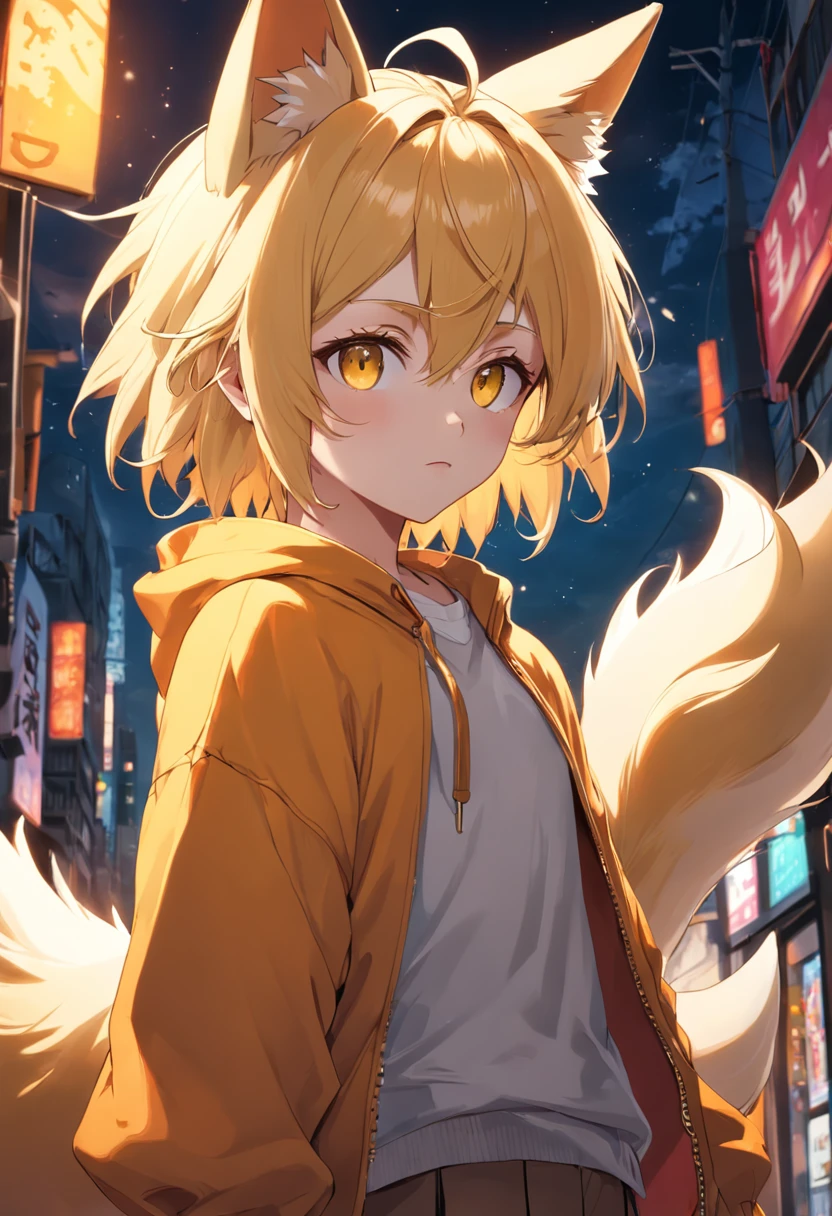 Highest image quality,hyper HD,Extremely detailed CG unity 8k wallpaper,best illustration,Short boy blonde hair,Golden fox ears,Golden fox tail,Reddish-brown eyes,Wearing a yellow sweatshirt,Tsundere