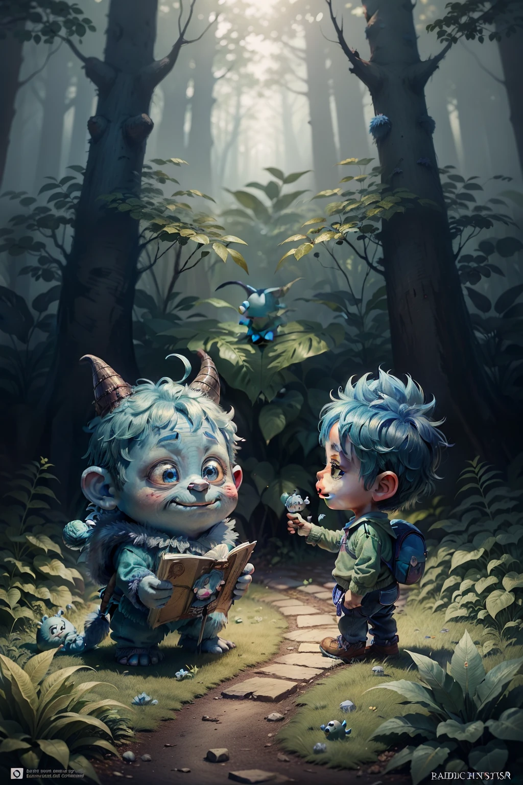 Cartoon illustration of a boy and a blue monster in the forest, colorful kids book illustration, kids book illustration, children book illustration, kids book illustration, childrenbook illustration, children book illustration, children book illustration, illustration for children, children's illustration, children's illustration, cute storybook illustration, in a magical forest, in a magical forest, Cute little troll