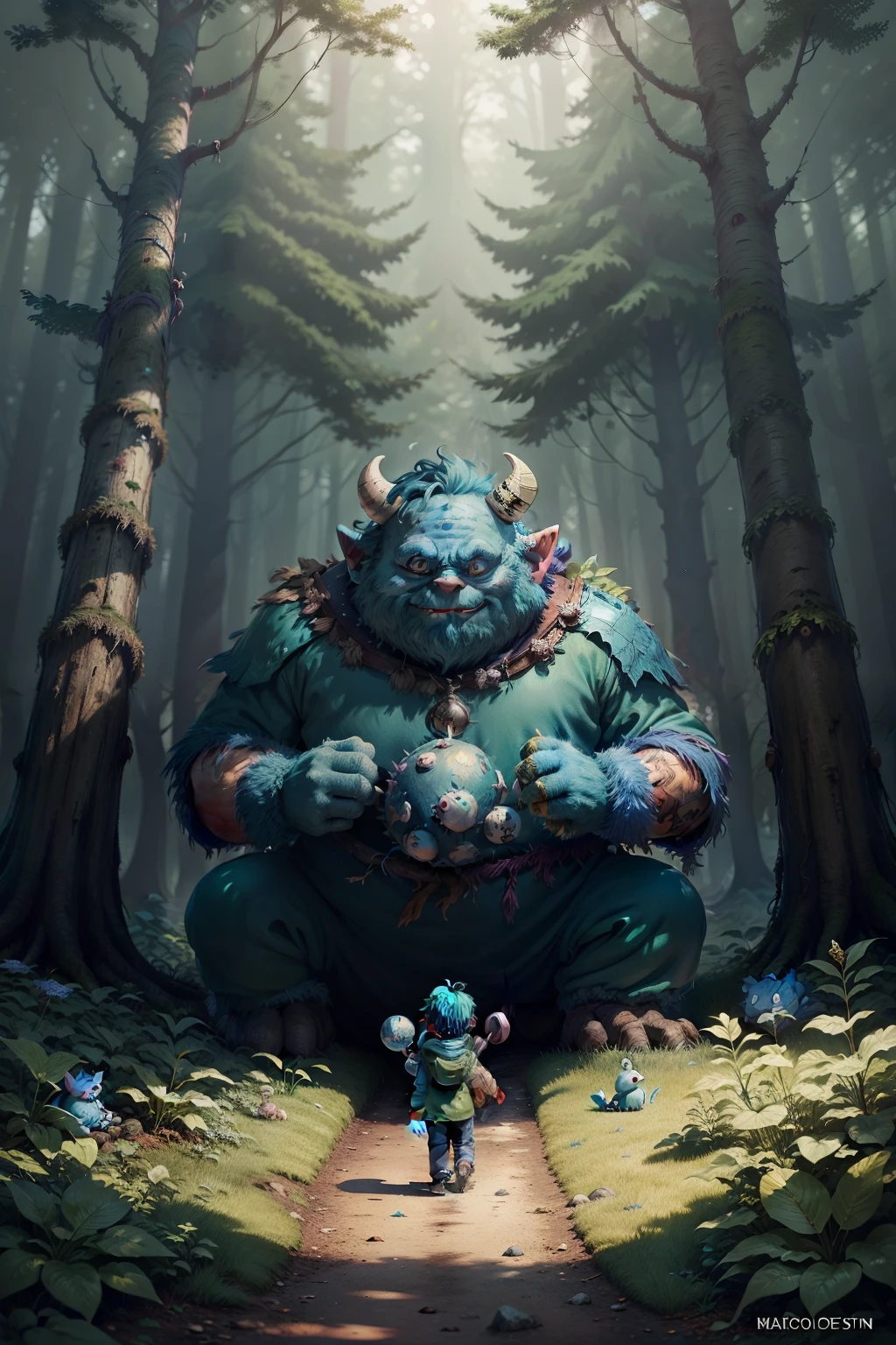 Cartoon illustration of a boy and a blue monster in the forest, colorful kids book illustration, kids book illustration, children book illustration, kids book illustration, childrenbook illustration, children book illustration, children book illustration, illustration for children, children's illustration, children's illustration, cute storybook illustration, in a magical forest, in a magical forest, Cute little troll