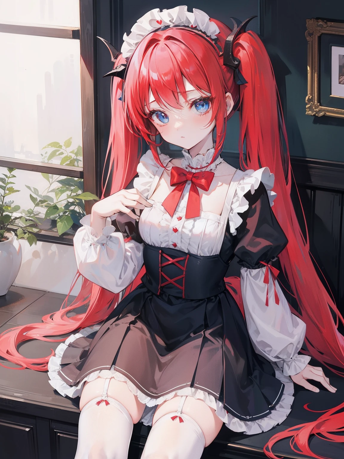 red hair,blue eyes,twintails,maid, long hair, long sleeves, gothic, solo, loli,Short skirt, white stockings,{{best quality}}, {{masterpiece}}, {{ultra-detailed}}, {illustration}, {detailed light}, {an extremely delicate and beautiful}, girl,cute,dragon horns