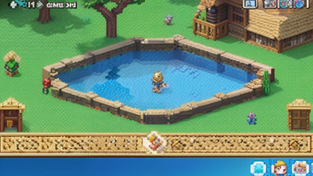 鸟山明风格，Flat pixel games《dragon quest》，Game scene design，（a paradise：1.4），16-bit pixels