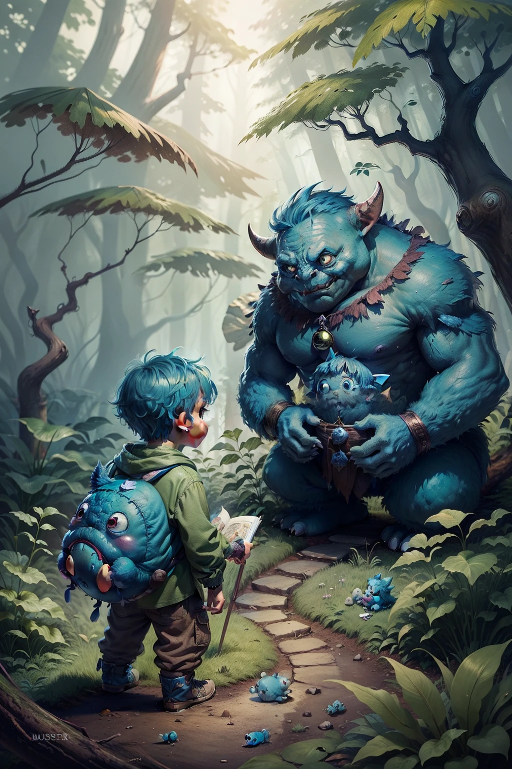 Cartoon illustration of a boy and a blue monster in the forest, colorful kids book illustration, kids book illustration, children book illustration, kids book illustration, childrenbook illustration, children book illustration, children book illustration, illustration for children, children's illustration, children's illustration, cute storybook illustration, in a magical forest, in a magical forest, Cute little troll