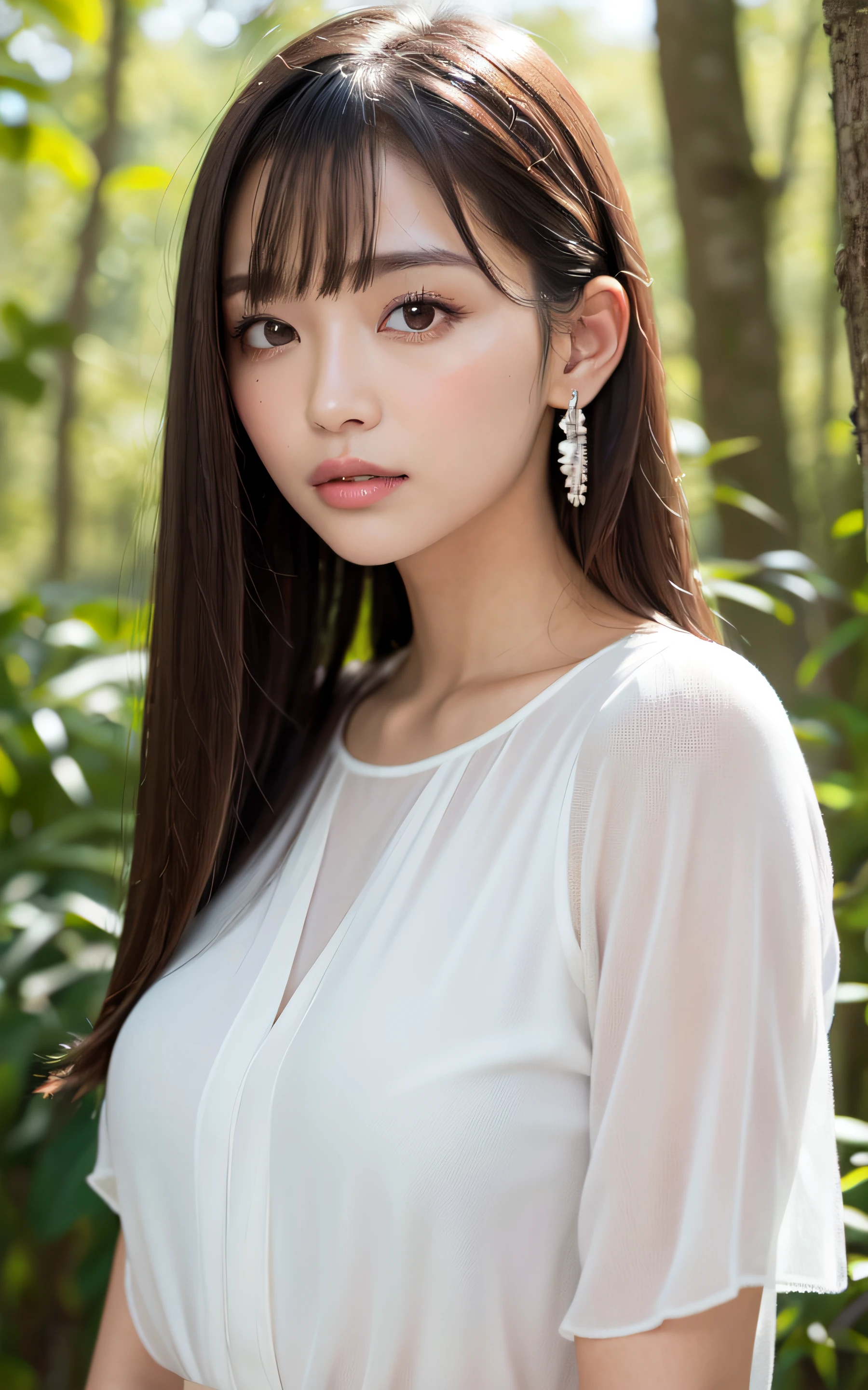 1womanl, up of face, mideum breasts, light brown hair, Blunt bangs, hair behind ear, hair over shoulder, Long hair, slender body shape, Ultra Fine Face, Thin face, Delicate lips, Beautiful eyes, thin blush, eyes are light brown, perfect glossy skin, flawless skin, Glistening sweat,View here, Ultra-thin hands, Ultra-fine fingers, best ratio four finger and one thumb, (realisitic:1.3), Finger Extensions, See-through white blouse. Broad-leaved forest, One-person viewpoint, Fuji Film, F/1.2, 8K, masutepiece, nffsw, Super Detail, High quality, Best Quality, hight resolution,