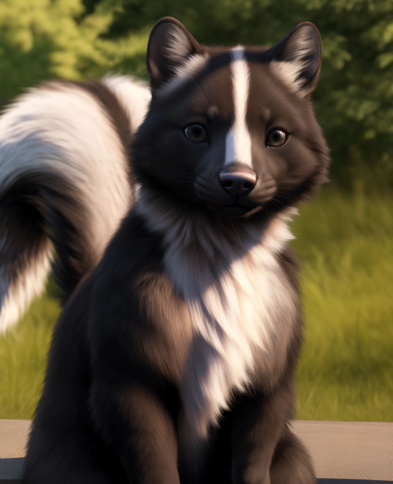 (feral body:1.4), presenting, leaning against ground, looking at viewer, realistic fur, real, detailed, (detailed fur, fur, furry body:1.2), furry, anthro, best quality, professional photo, photorealism, high quality, volumetric, ray tracing, HDR, 4K, 8k, absurd res, realistic, max shading, ((masterpiece)),, Stella, skunk girl, Looking at viewer, uploaded to e621, black fur,, sitting, uploaded to e621, tail,