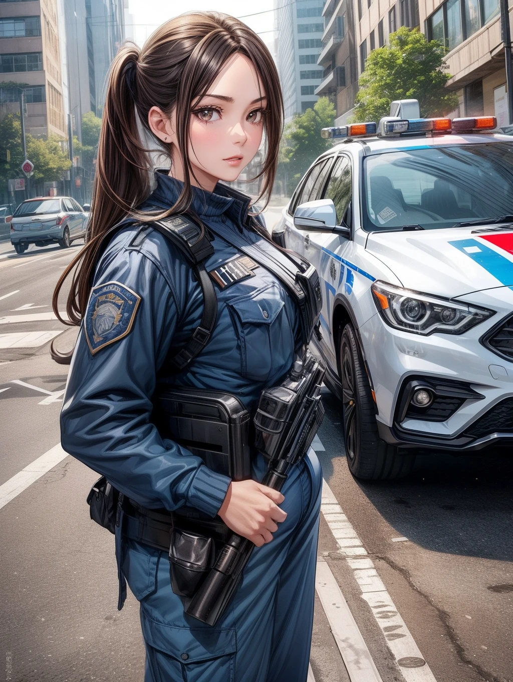 Best Quality, masutepiece, beautiful mature women、Beautiful face、Strong-minded woman、Female Police Officer、brown haired、Brown-eyed、Longhaire、poneyTail、Undersized eyes、Full body like、Downtown、outside of house、In front of the police car、Police cars are white and black