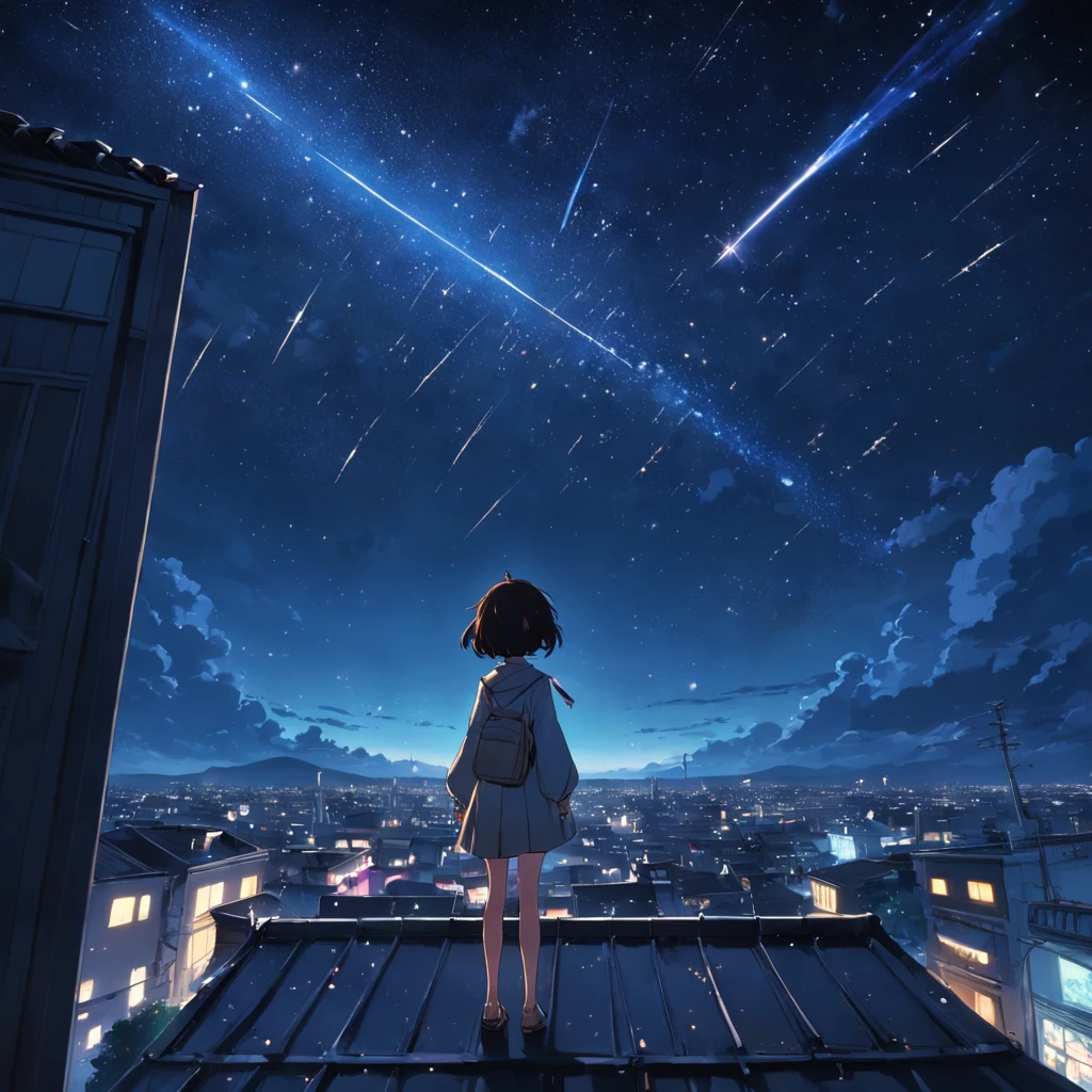 (Masterpiece, Best quality,cinematic Film still from),The girl stood on the rooftop watching the shooting stars,Solo,City center,night,night sky,Starry sky,star,meteor,soft light, Wide- angle view, Nebula, Miyazaki Hayao style, super details