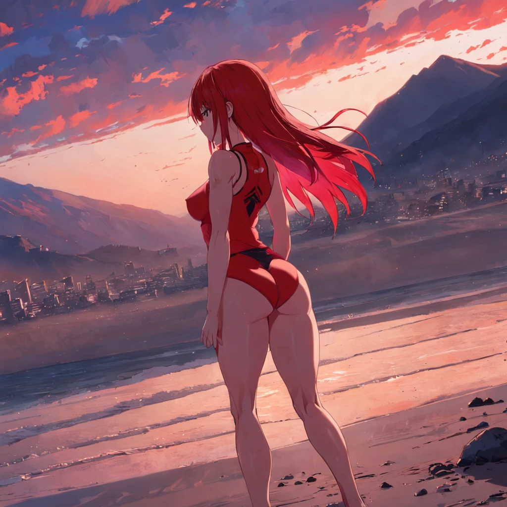 1 mujer, pelo rojo corto, dedo en la boca, ropa ajustada, busty, cuerpo definido, atletica, chile, colores de chile, cielo rojizo, atardecer, paisaje hermoso, alta calidad, 4k, hd, particulas rojizas, desesperada, enferma mental, gotica