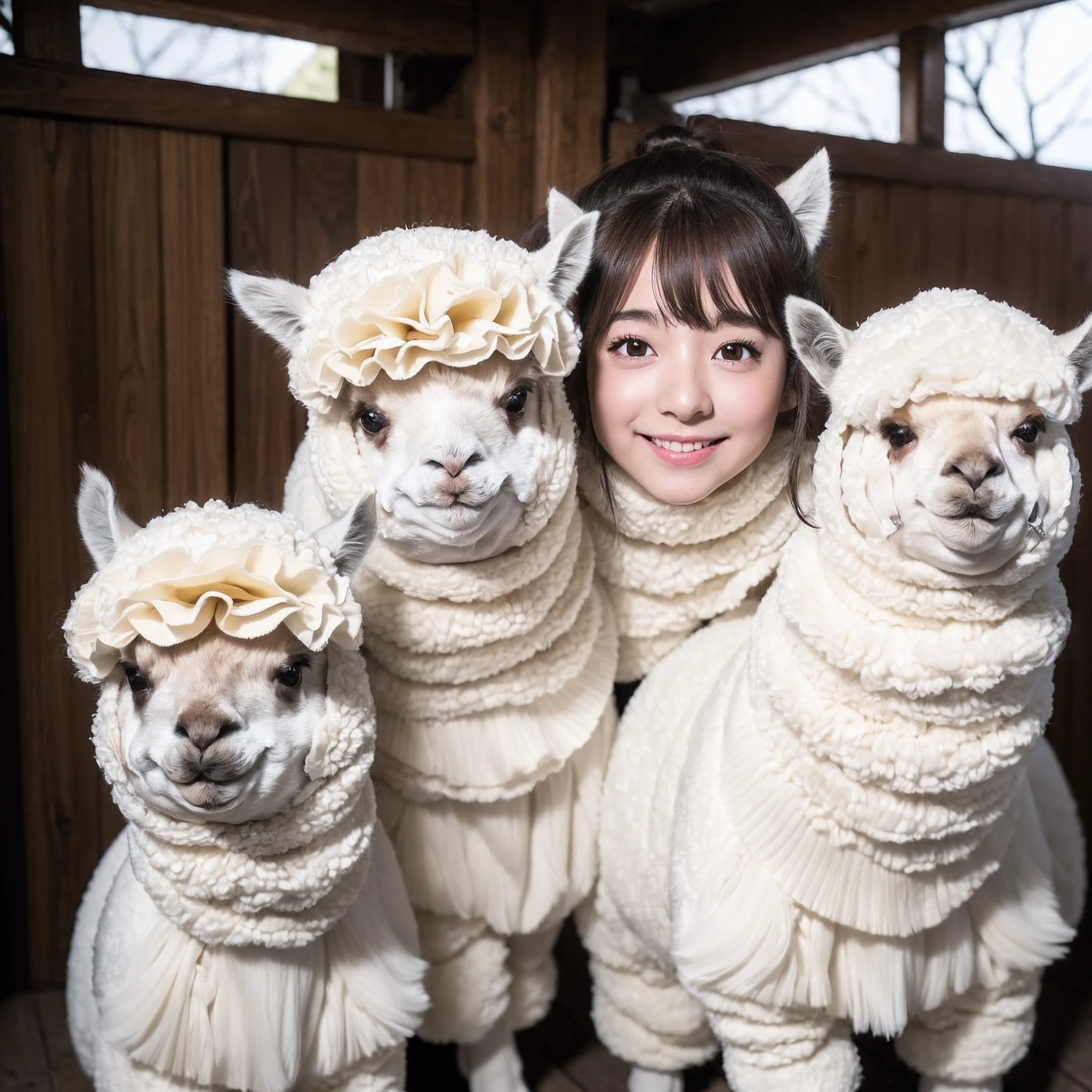 (8K、RAW Photos、top-quality、masterpiece:1.5)、(realisitic、Photorealsitic:1.5)、ultra-detailliert、超A high resolution、lighting like a movie、(((Idols who love alpacas)))、(((Japan 16 year old girls)))、(((Wearing a cute costume with an alpaca motif)))、(Lots of alpacas:1.5)、cute smile face、Happy and energetic atmosphere、dynamic ungle、动态照明